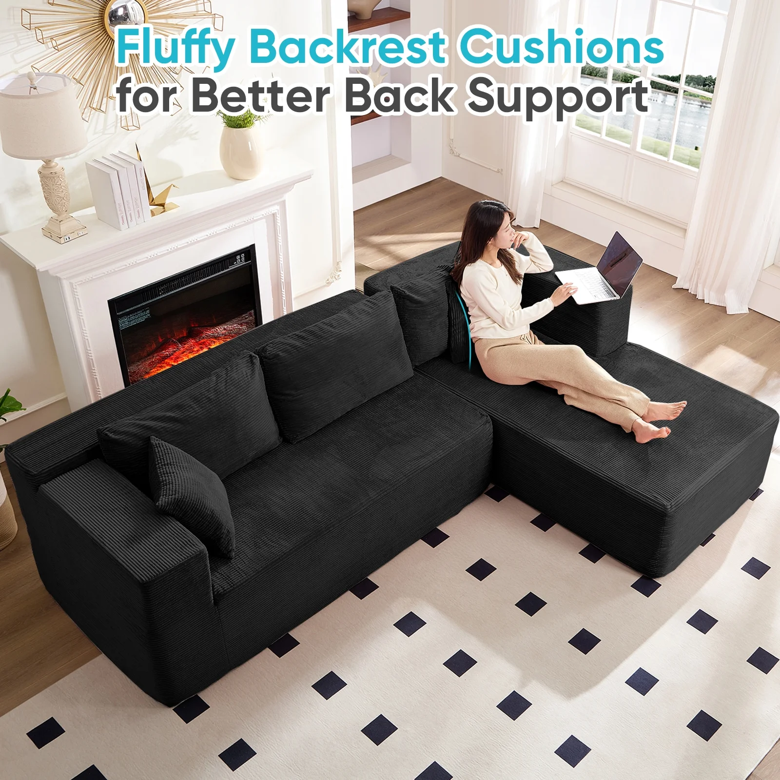 ZAFLY 106" Cloud Sectional Couch with Chaise, No Assembly Required L Shaped Sleeper Sofa, Oversized Deep Seat Modular Couches and Sofas for Living Room - Right, Black - Image 5