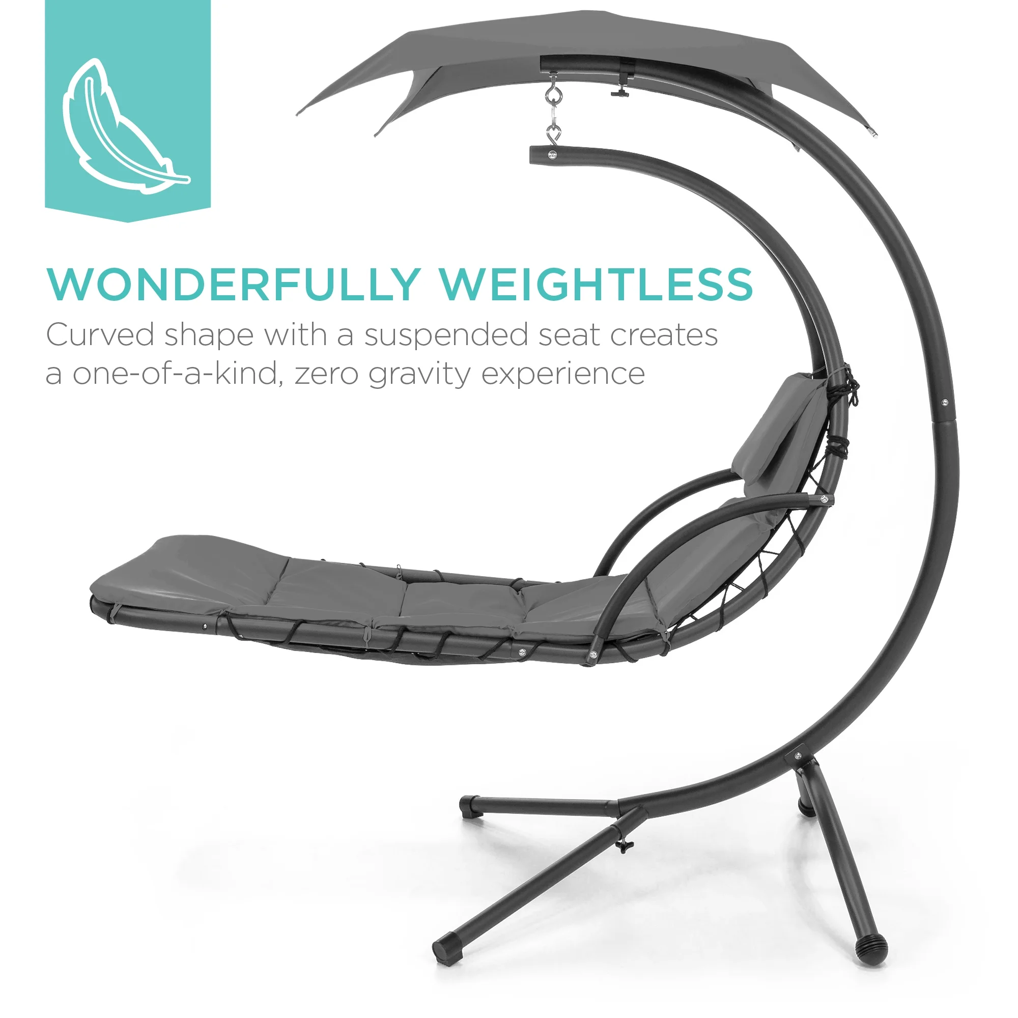 Best Choice Products Hanging Curved Chaise Lounge Chair Swing for Backyard, Patio w/ Pillow, Shade, Stand - Teal - Image 49