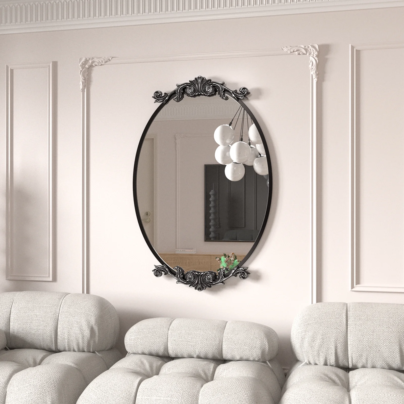 Apmir Arched Wall Mirror Oval Vintage Carved Antique Metal Frame for Bathroom