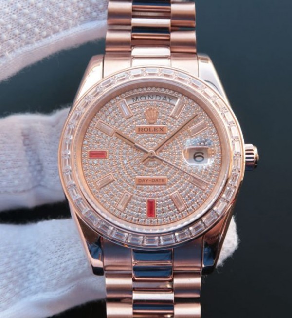 Replica Rolex Noob Day-Date 218399 RG Full Diamonds A3255 - Elite Watch Atelier