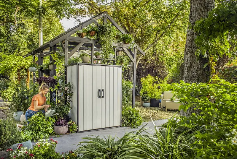 Keter Premier Vertical Outdoor Storage Shed With Floor, Lockable Double Doors, Grey - Image 7 Keter Premier Vertical Outdoor Storage Shed With Floor, Lockable Double Doors, Grey - Image 7