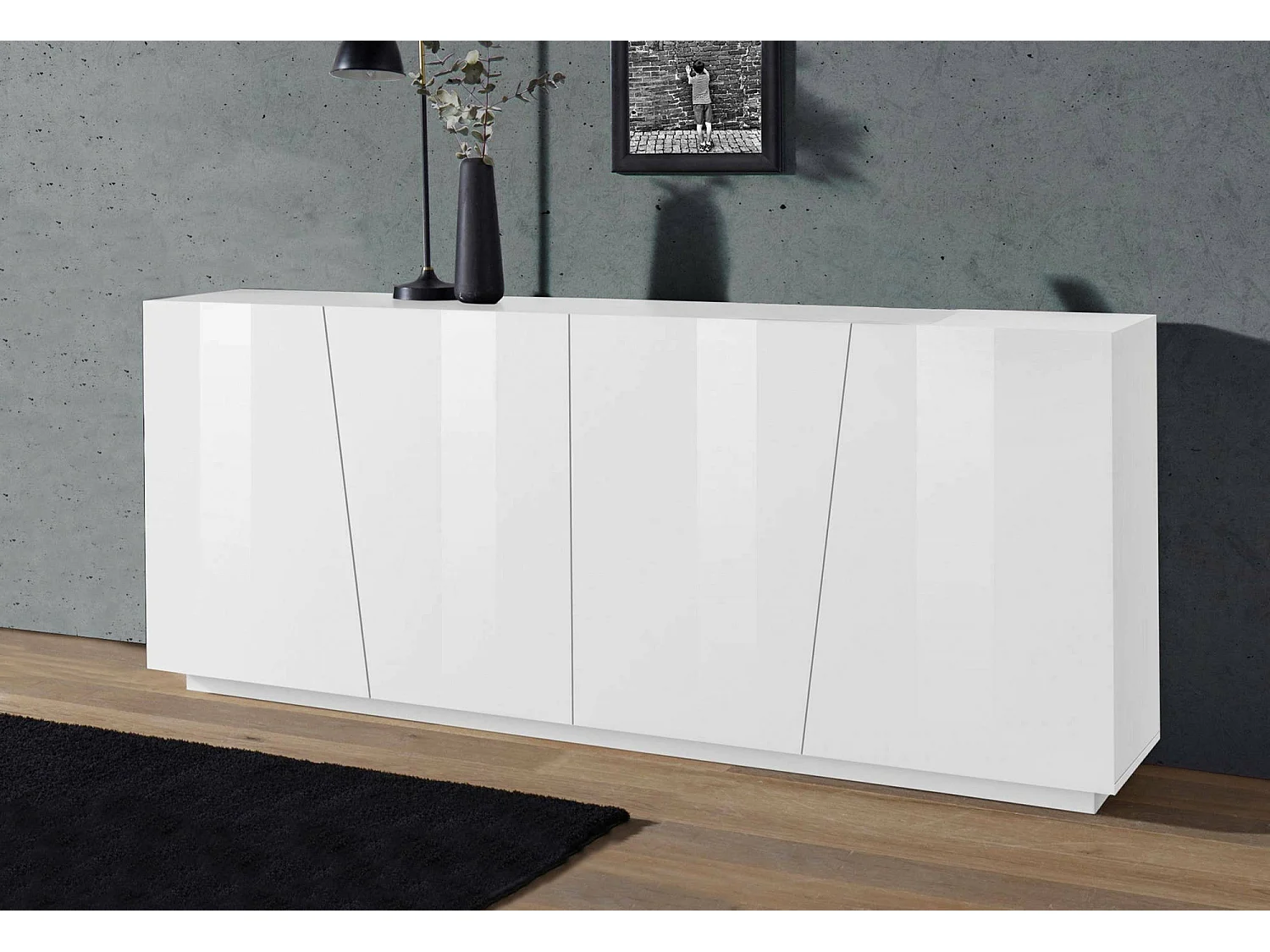 Buffet Dliguor, Buffet de cuisine 4 portes, Buffet de salon, 100% Made in Italy, 200x43h86 cm, Blanc brillant