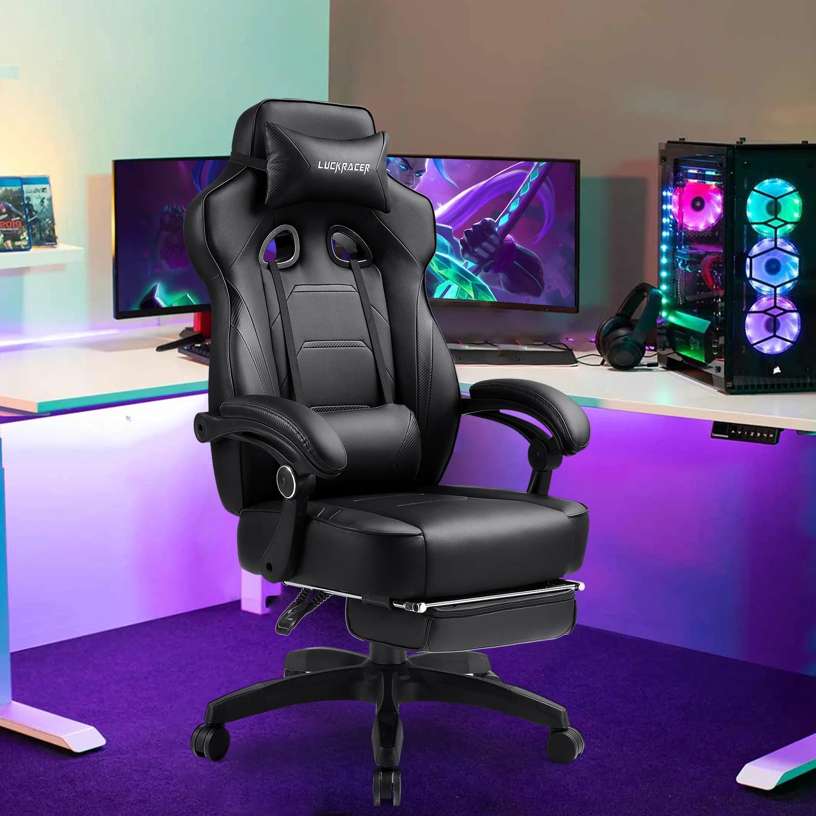GTPLAYER Gaming Chair with Footrest, Big and Tall Game Chair 350lb Racing Style Computer Chair, Ergonomic Executive Office Chair High Back with Lumbar Support and Recliner, Black