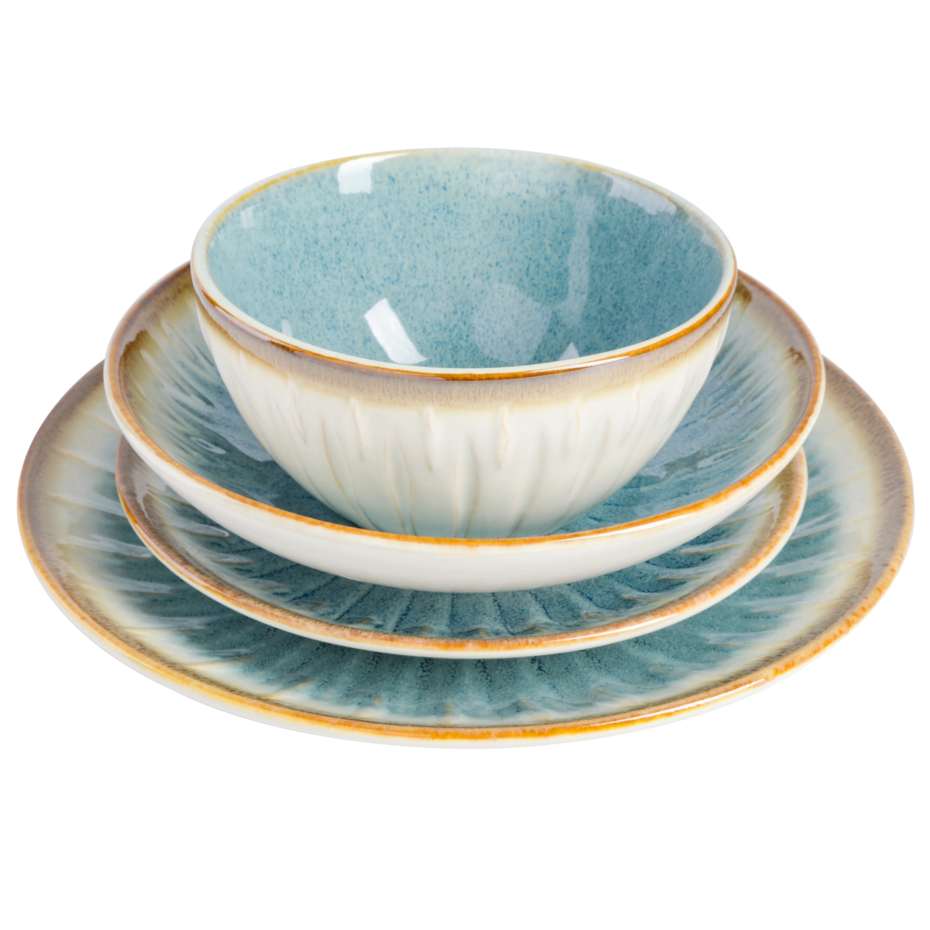 Gibson Elite Mayfair Bay 16 Piece Double Bowl Embossed Reactive Dinnerware a?? Blue