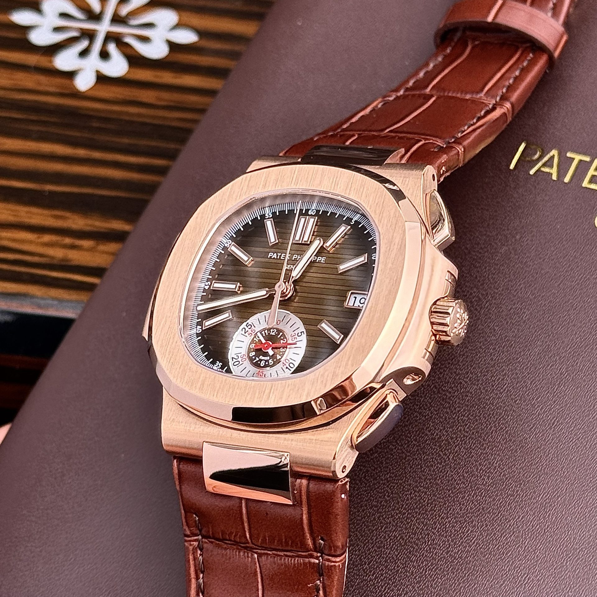 Patek Philippe Replica Watch Nautilus 5980 Brown Dial Leather Strap 40mm - Top club