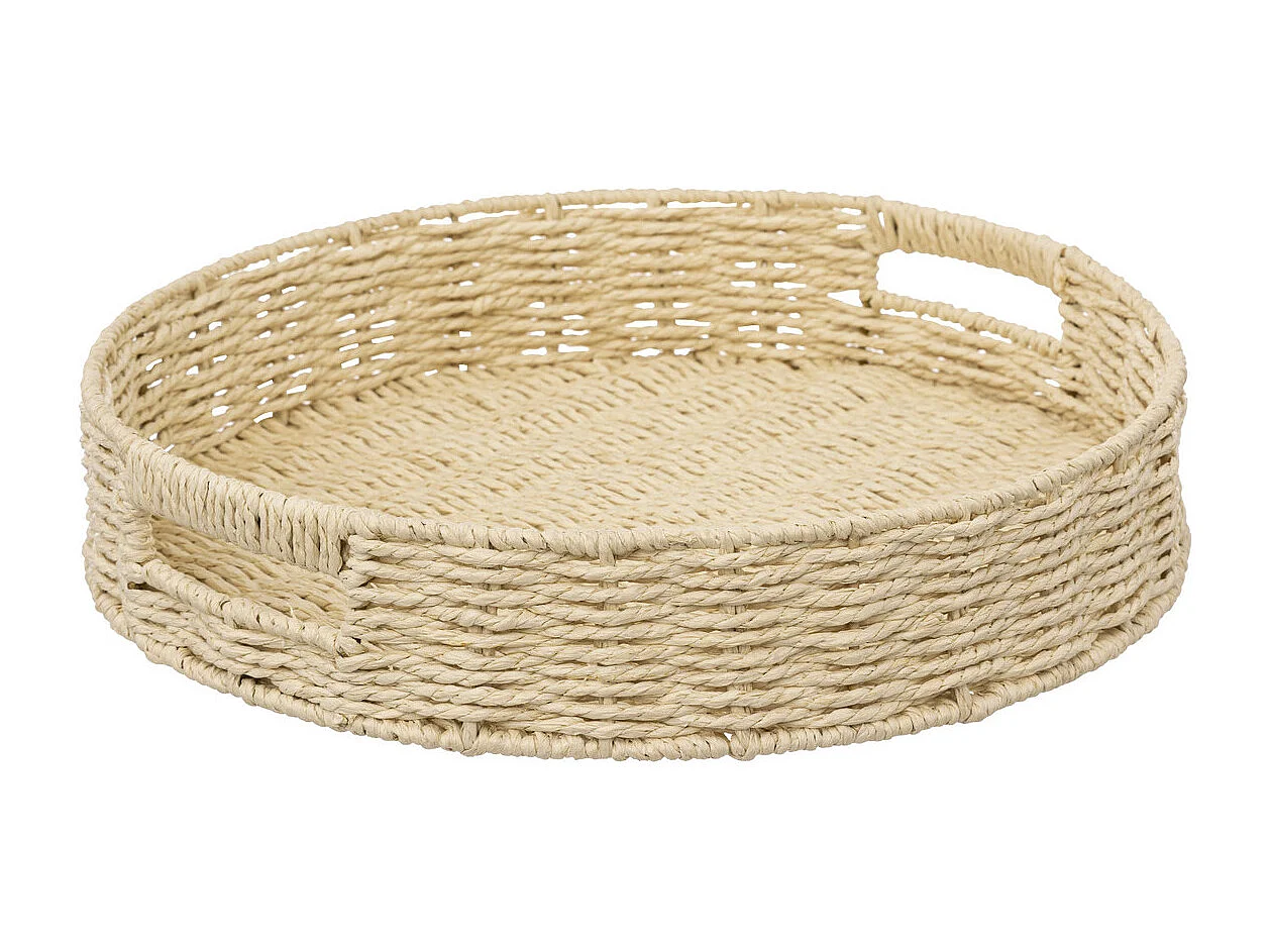 Plateau rond en corde Beige lin D 35 cm
