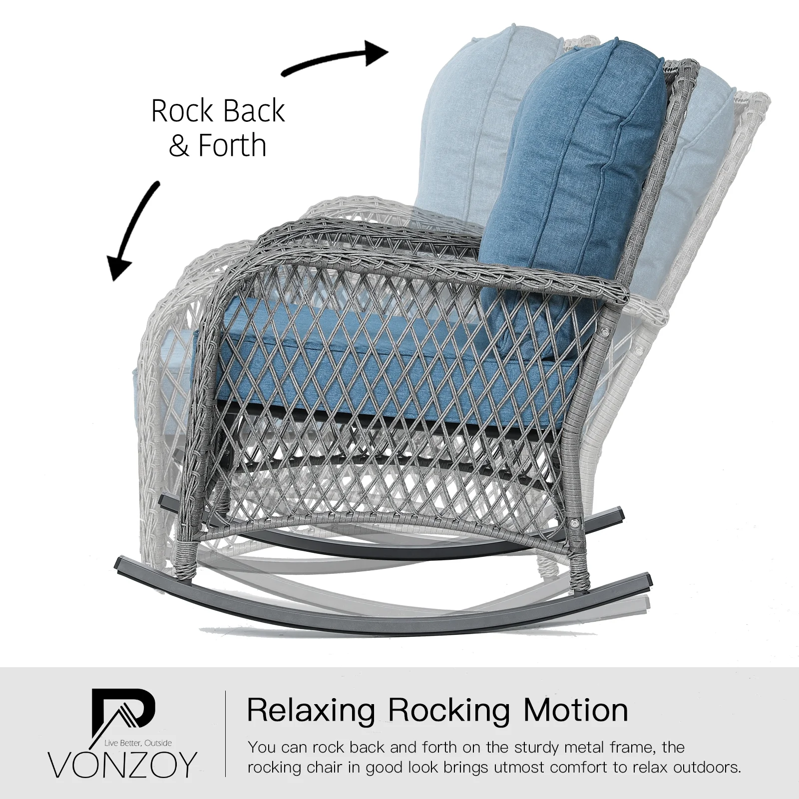 ELPOSUN 3-Piece Outdoor Rocking Chairs, Wicker Patio Furniture with Thickened Cushions and Table for Porch - Image 16