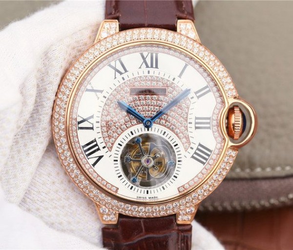 Replica Cartier Ballon Bleu de Cartier Tourbillon RG Paved Diamonds Leather Strap - Top club