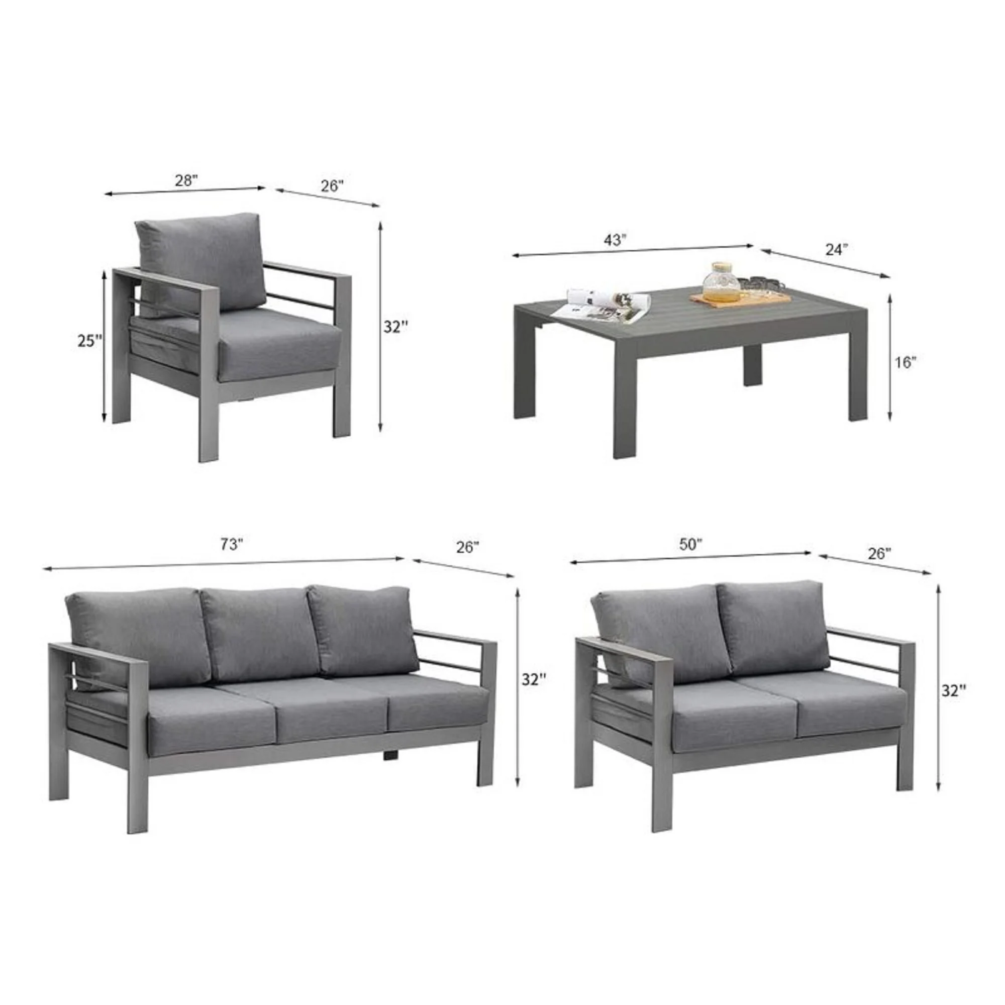 CozyHom 5 Pcs Outdoor Patio Aluminum Furniture Sofa Sets, Outside Patio Conversation Couch Sets With Table&Cushions for Garden Porch, Gray - Image 55
