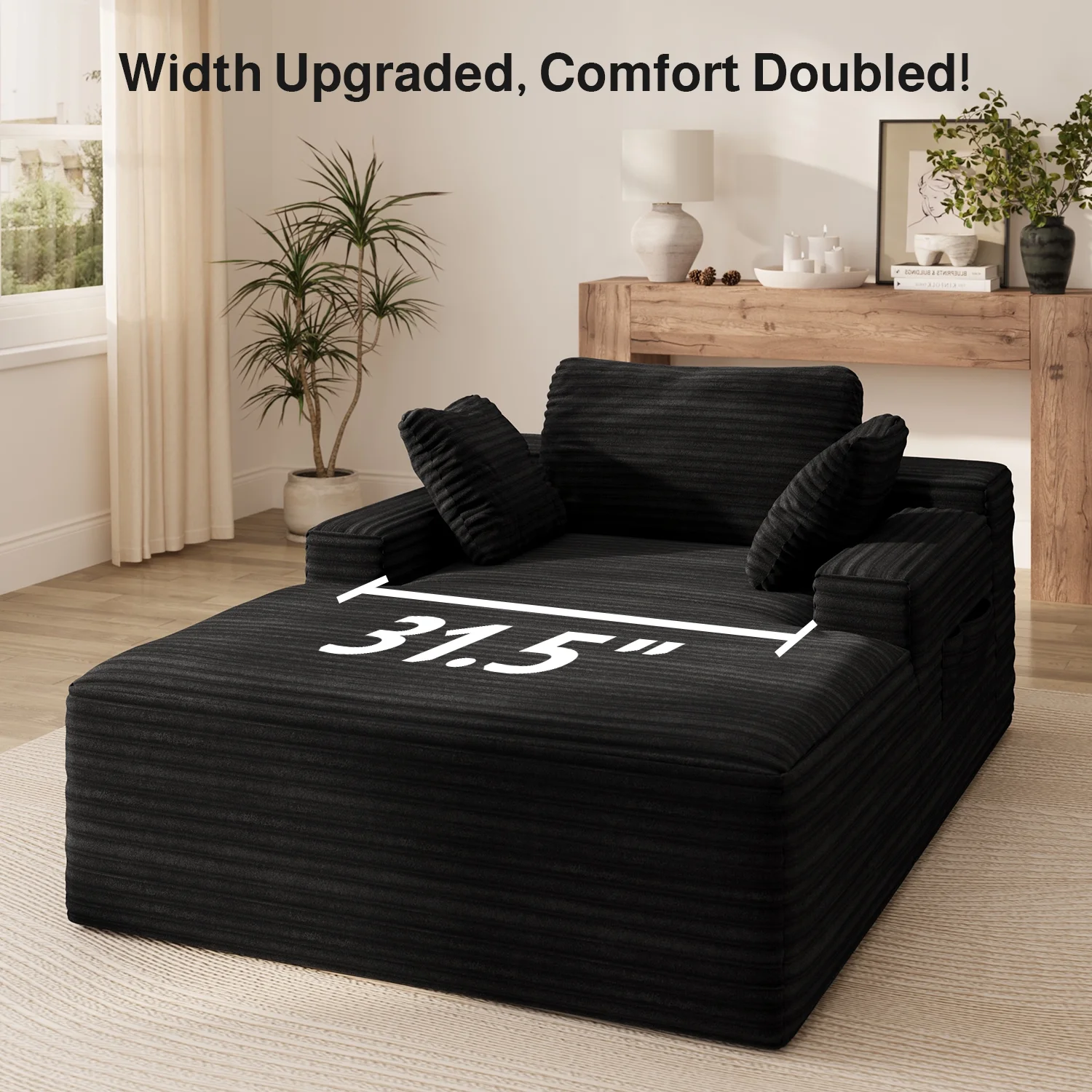 Sofa Bed, Jolifa Corduroy Fabric Oversized Chaise Lounge Chair Indoor No Assembly Required with 3 Soft Pillows for Living Room, Black