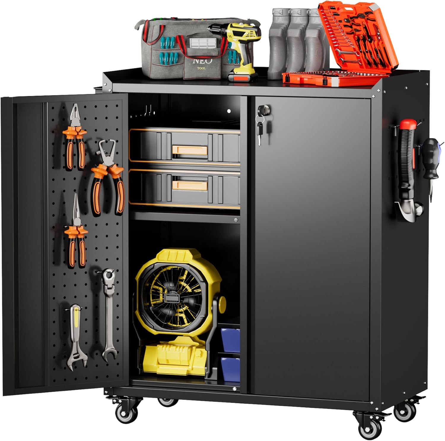 Metal Storage Cabinet on Wheels,Lockable Garage Storage Cabinet with Wheels Pegboard Pushing Hand for Office Home Warehouse, Assembly Required, Black,13.8 