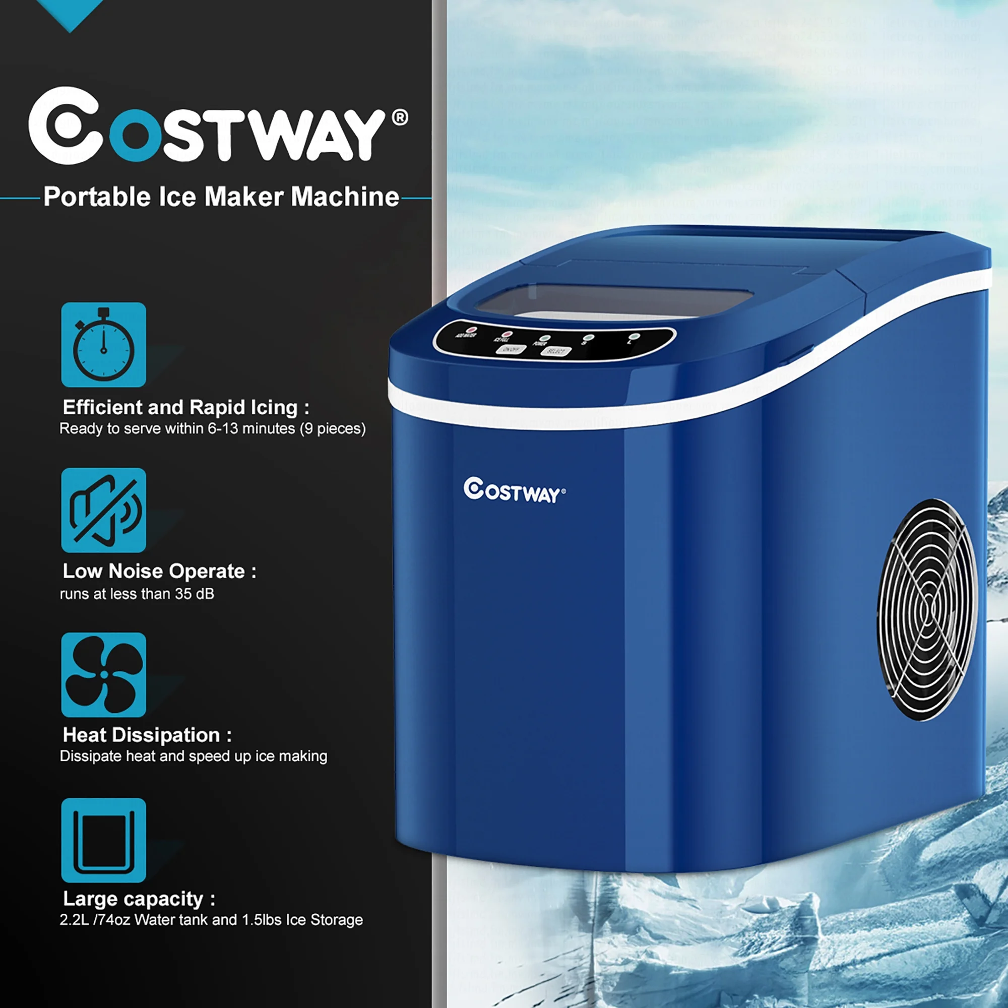 Costway Silver Portable Compact Electric Ice Maker Machine Mini Cube 26lb/Day - Image 25