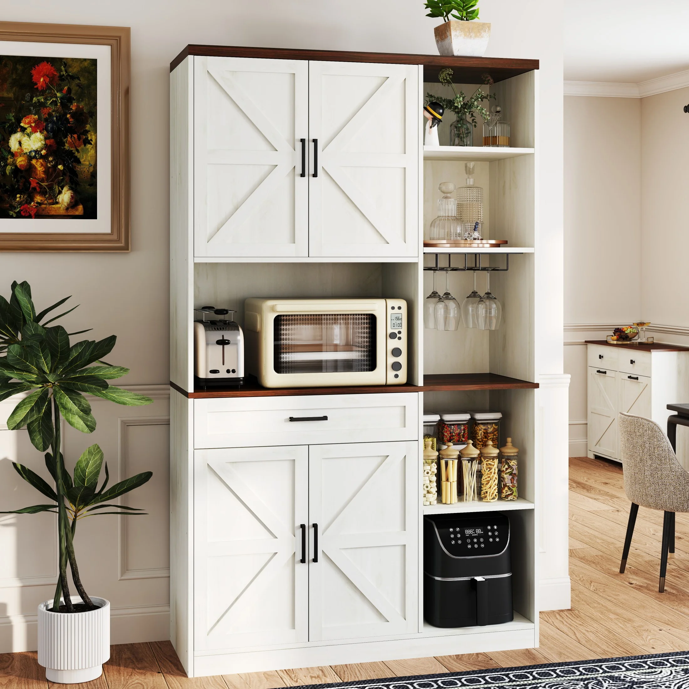 Sesslife Farmhouse Kitchen Pantry Cabinet, LED Kitchen Buffet with Drawer and 2 Cabinets, 71