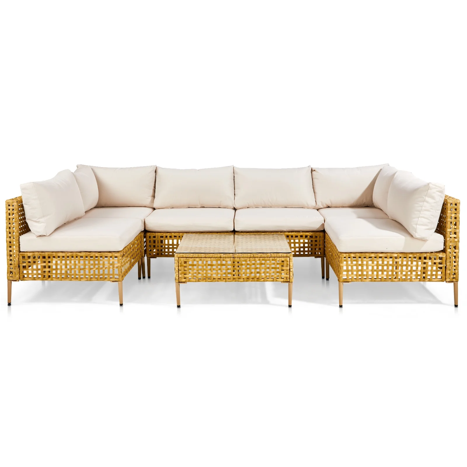 Ktaxon 7-Piece Wicker Patio Furniture Set, Patio Furniture Set with Water Resistant Thick Cushions and Coffee Table, Beige