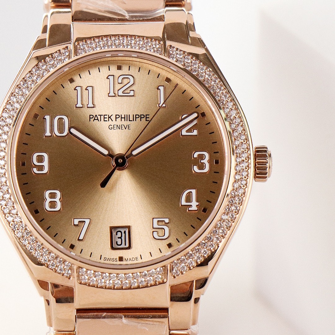 Fake Diamond Watch Replica Patek Philippe Twenty~4 Ladies Rose Gold Brown Sunburst 7300/1200R-001(1:1 replica) - Top club