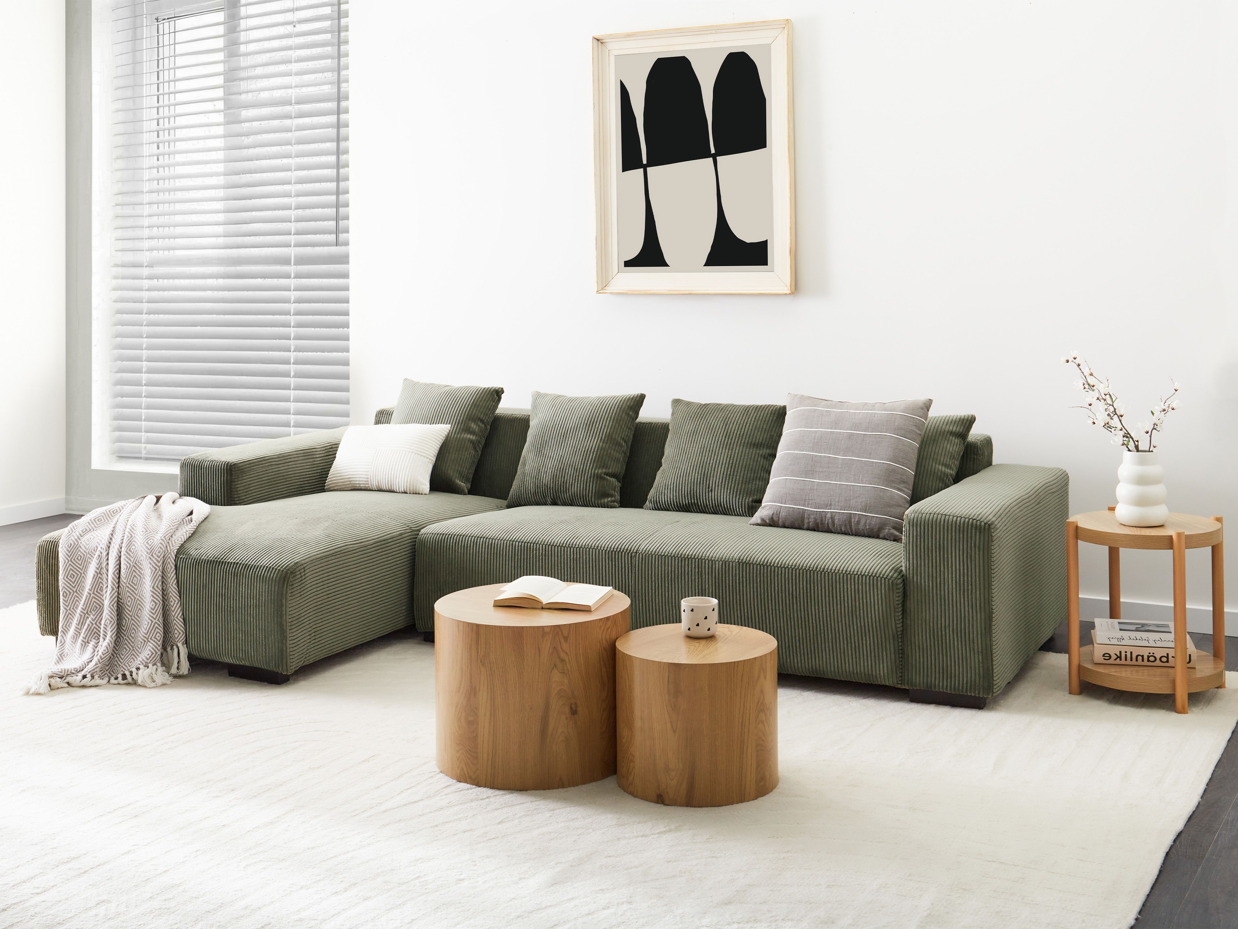 Corner Sofa 4 Seater LUNGO Corduroy Green Right Hand