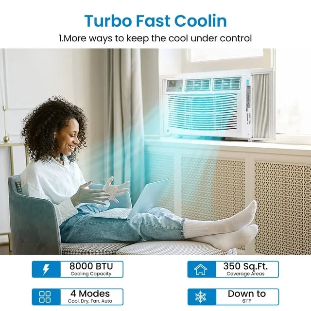 Air Conditioner, 8000 BTU Turbo Fast Cooling AC Unit Remote/App Control, Flexible Window Opening(T Design Install Kit), 24H Timer, Washable Filter,White - Image 14