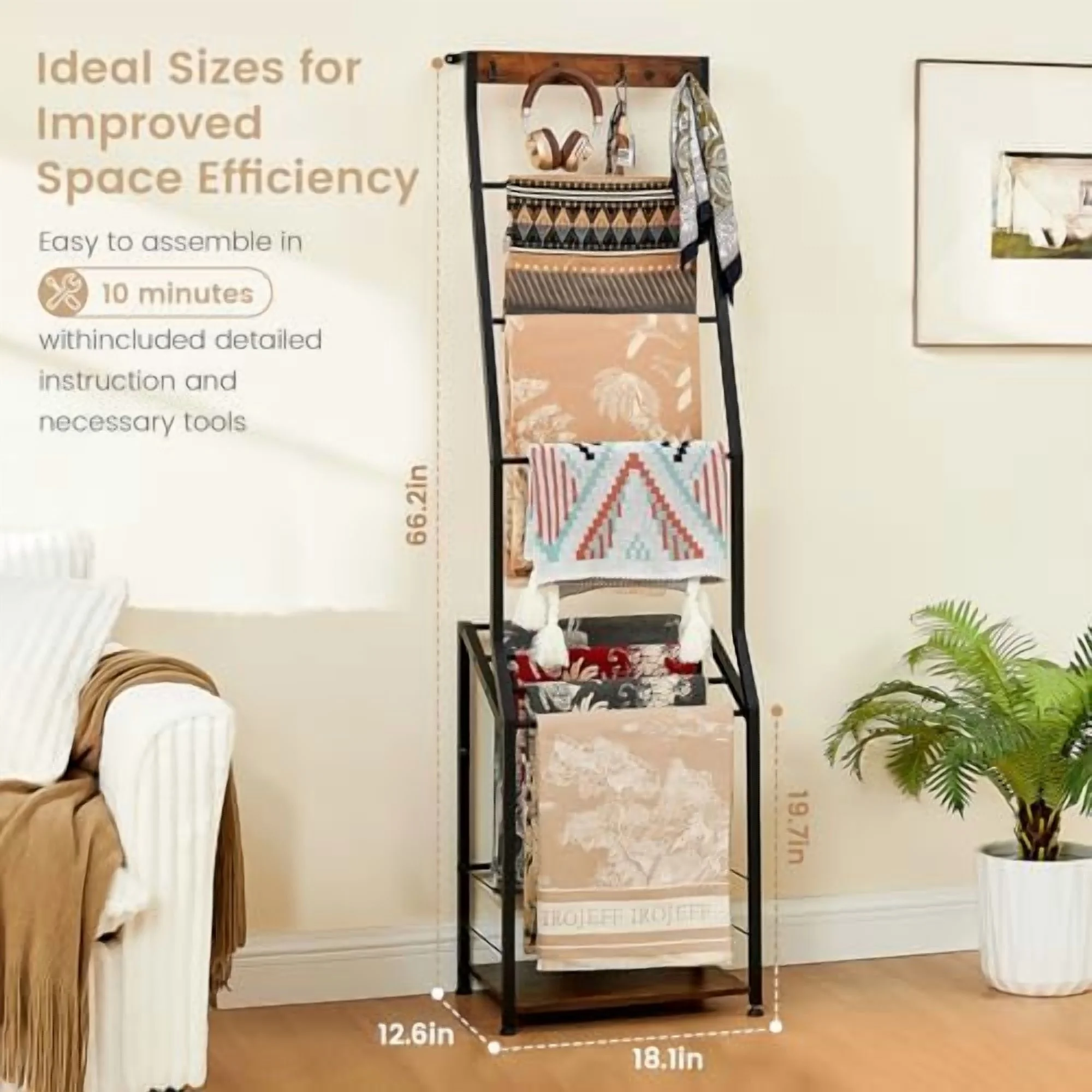 Blanket Ladder, 7 Tier Blanket Ladders for The Living Room,Wooden Ladder Shelf with Hooks, 5.5ft Blanket Holder Rack Farmhouse Ladder Rack for Storage and Home Decor, Rustic Brown and Black