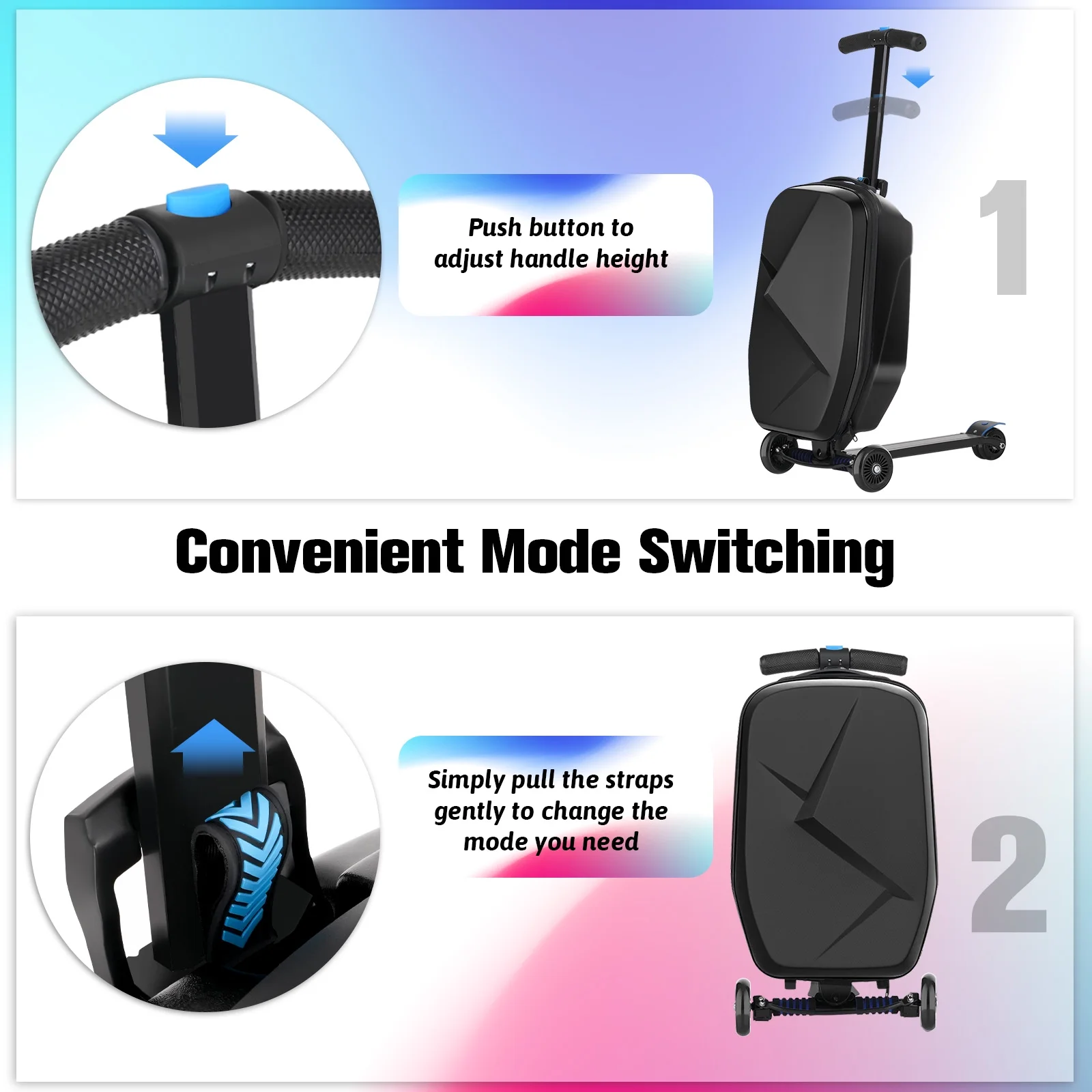 Advwin Scooter Luggage for Kids & Adults, Hardside Ride on Suitcase for Kids Ages 4-15 Multifunctional Lightweight Foldable Carry on Luggage with Wheels Ride on for Children Teenagers, Pink - Image 22