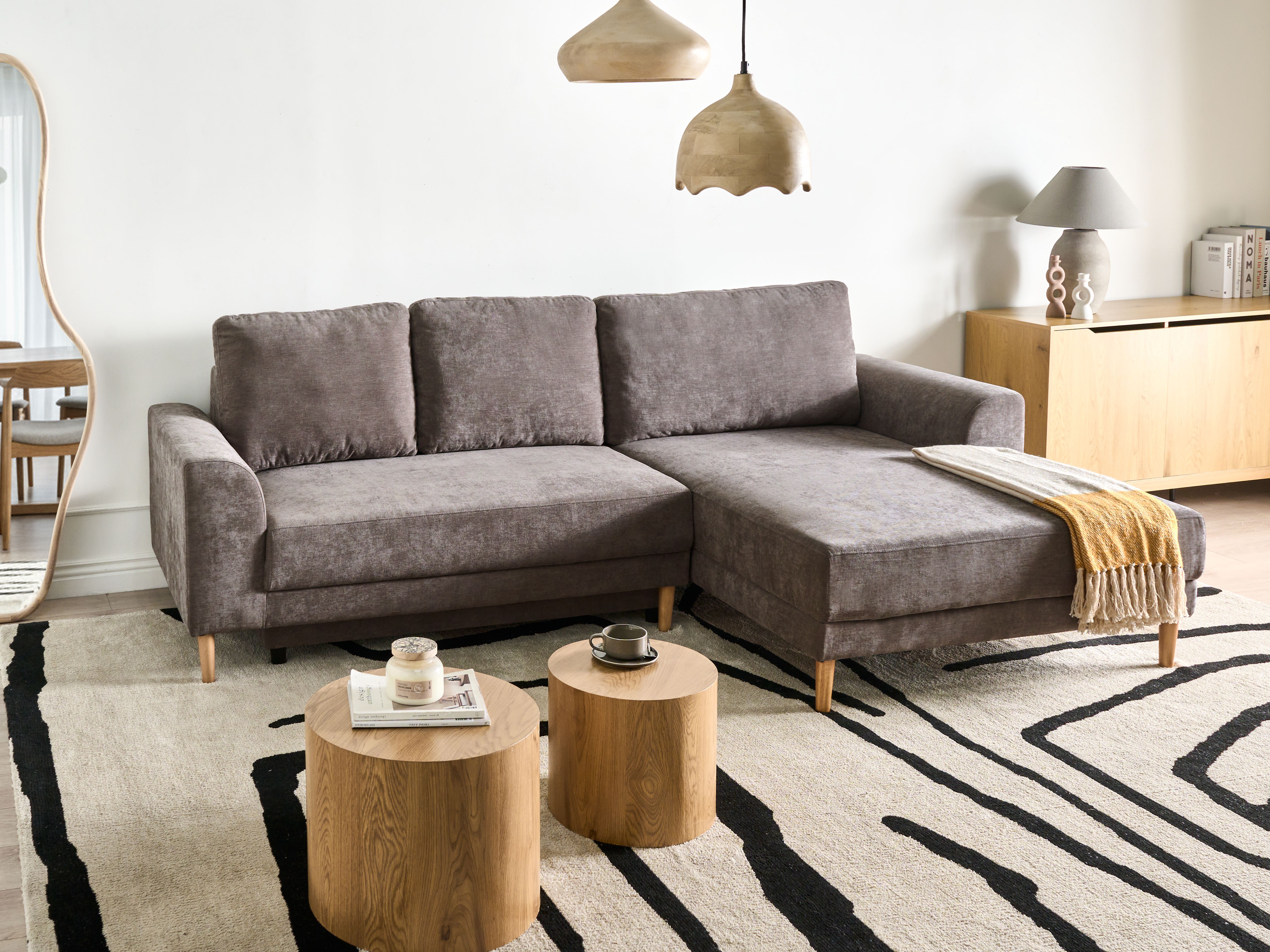 Corner Sofa Bed 3 Seater NUBORG Chenille Taupe with Storage Left Hand