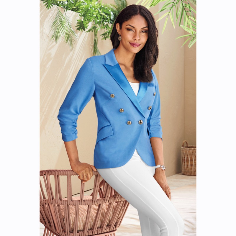 Via Satin Women's Blazer with  Ruched Sleeves - MIDNIGHT VELVET CATALOG