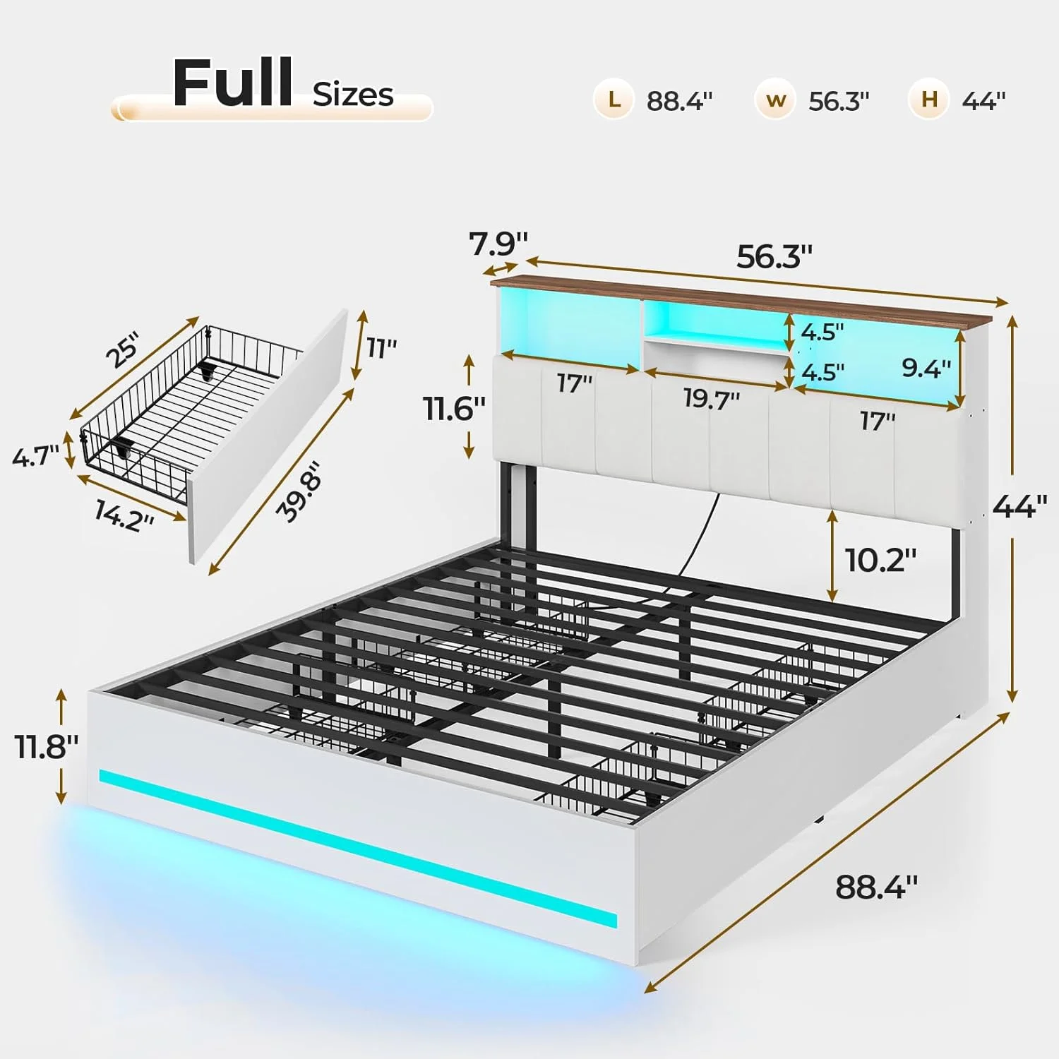 AOGLLATI Upholstered Platform Twin Bed with 4 Storage Drawers & Charging Station & LED Lights, Black - Image 13