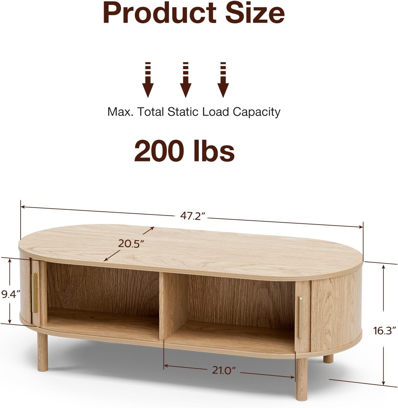 ZttRiee Coffee Table for Living Room, Modern Oval Coffee Table with Cabinets & Sliding Doors, Home Small Space, 47.2