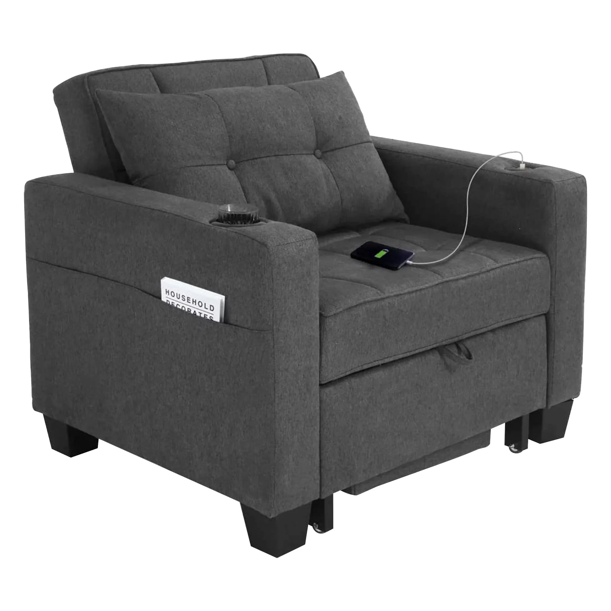 DURASPACE 3 in 1 Convertible Sleeper Chair Bed with Usb Port, Linen Pull Out Chair Indoor, Dark Gray - Image 10