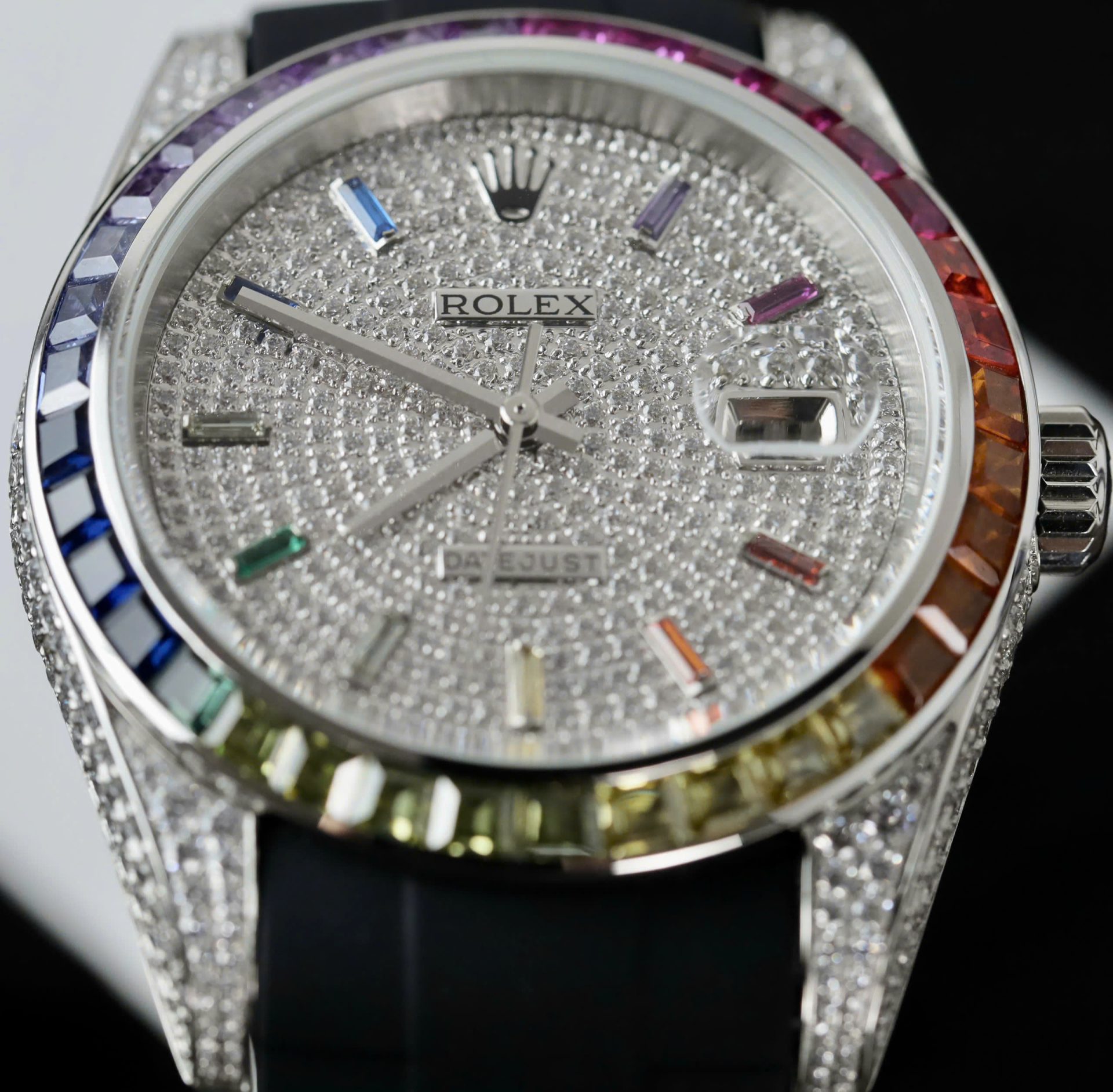Rolex DateJust Rainbow Fake Watch Rubber Strap 41mm - Elite Watch Atelier