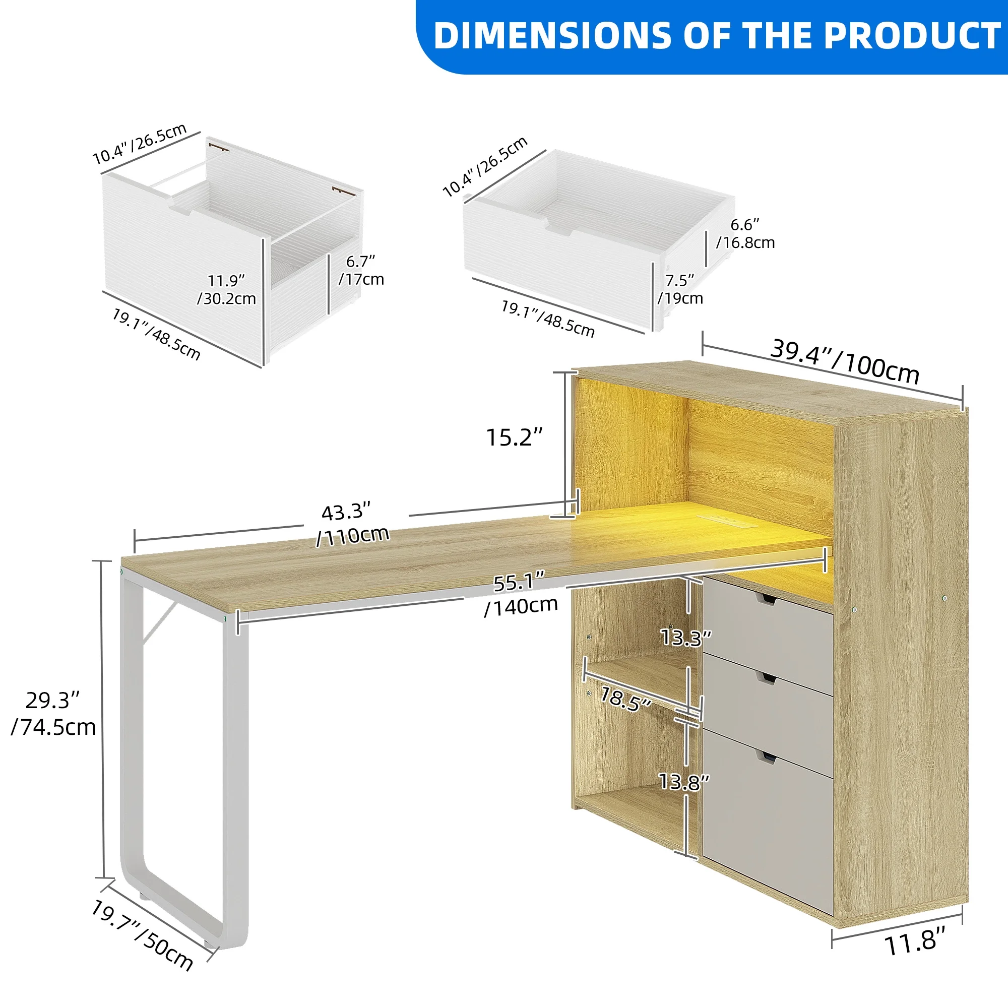 Dextrus L Shaped Desk with Power Outlets & LED Lights, Computer Desk with 3 Drawers and 3 Storage Shelves, White Office Desk Corner Desk for Home Office - Image 29