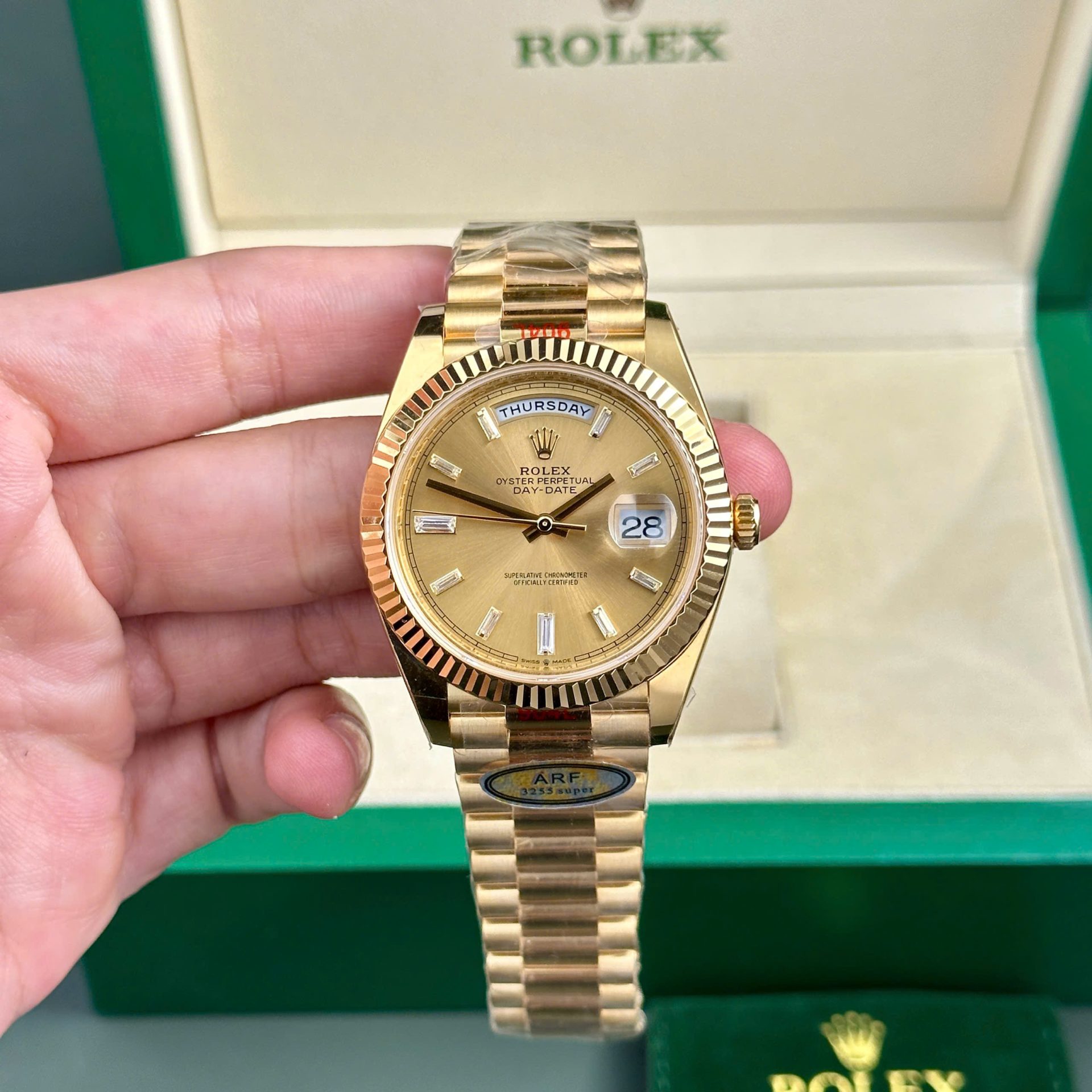 Rolex Day-Date 228238 Replica Watch Yellow Dial President Strap AR Factory 40mm - Elite Watch Atelier