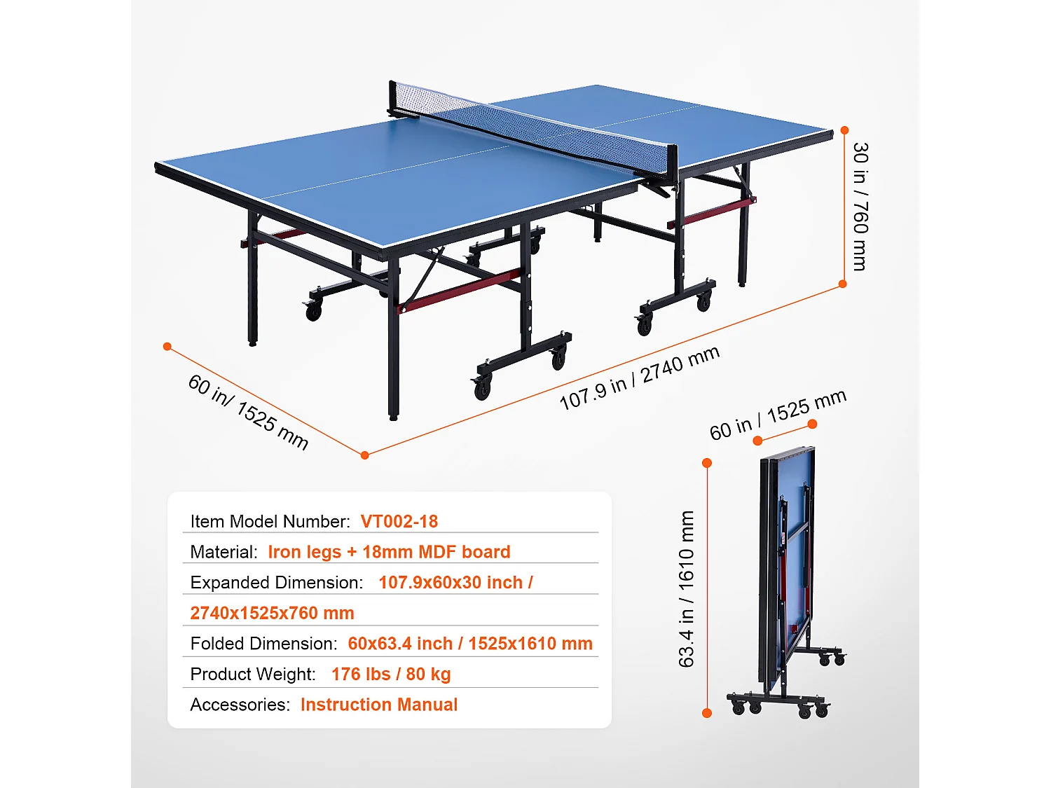 Table de Ping-Pong SucceBuy, Tennis de Table Professionnel, MDF d'Intérieur, Pliable avec Filet à Serrage Rapide, Roues Verrouillables