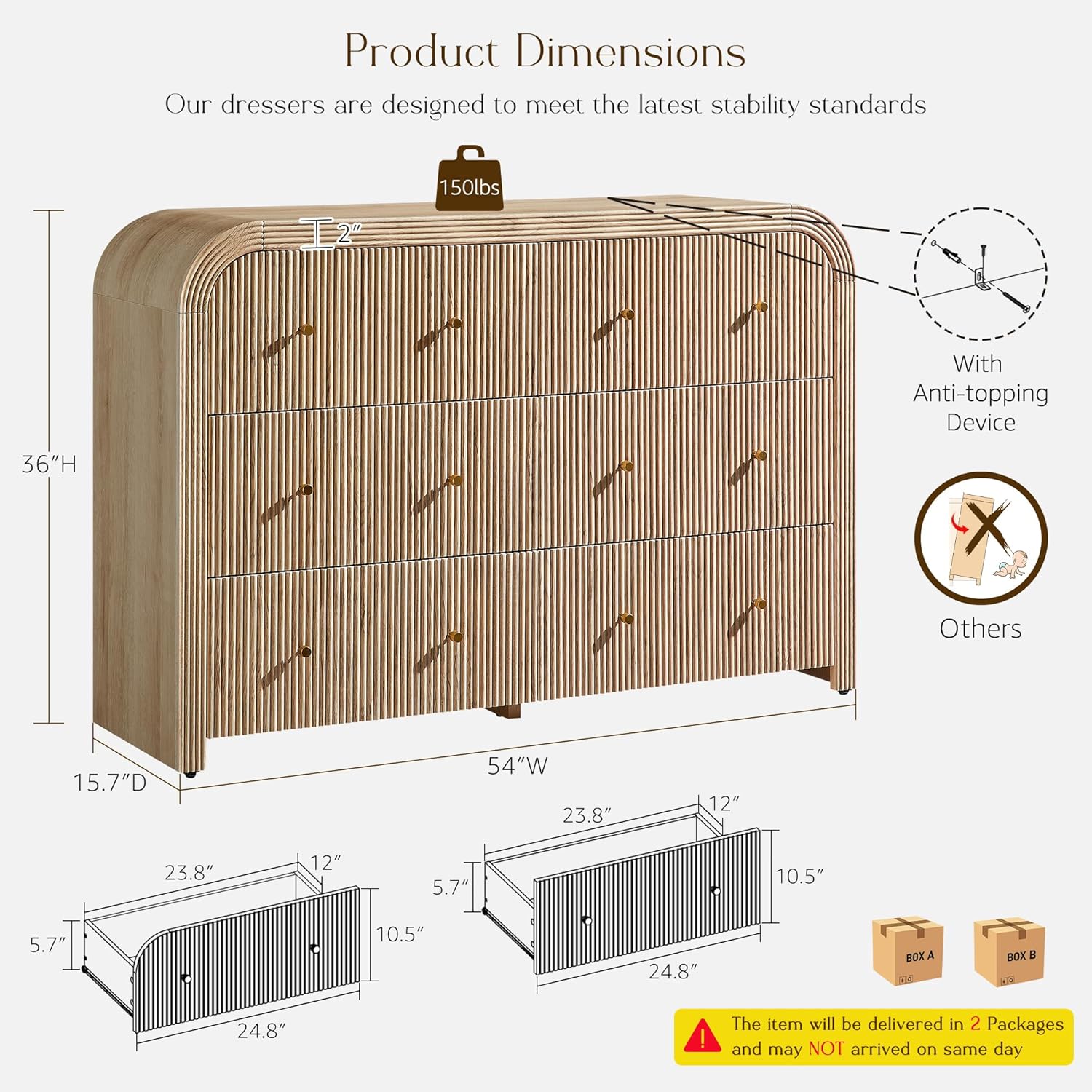 T4TREAM Fluted 6 Drawers Dresser for Bedroom, 54