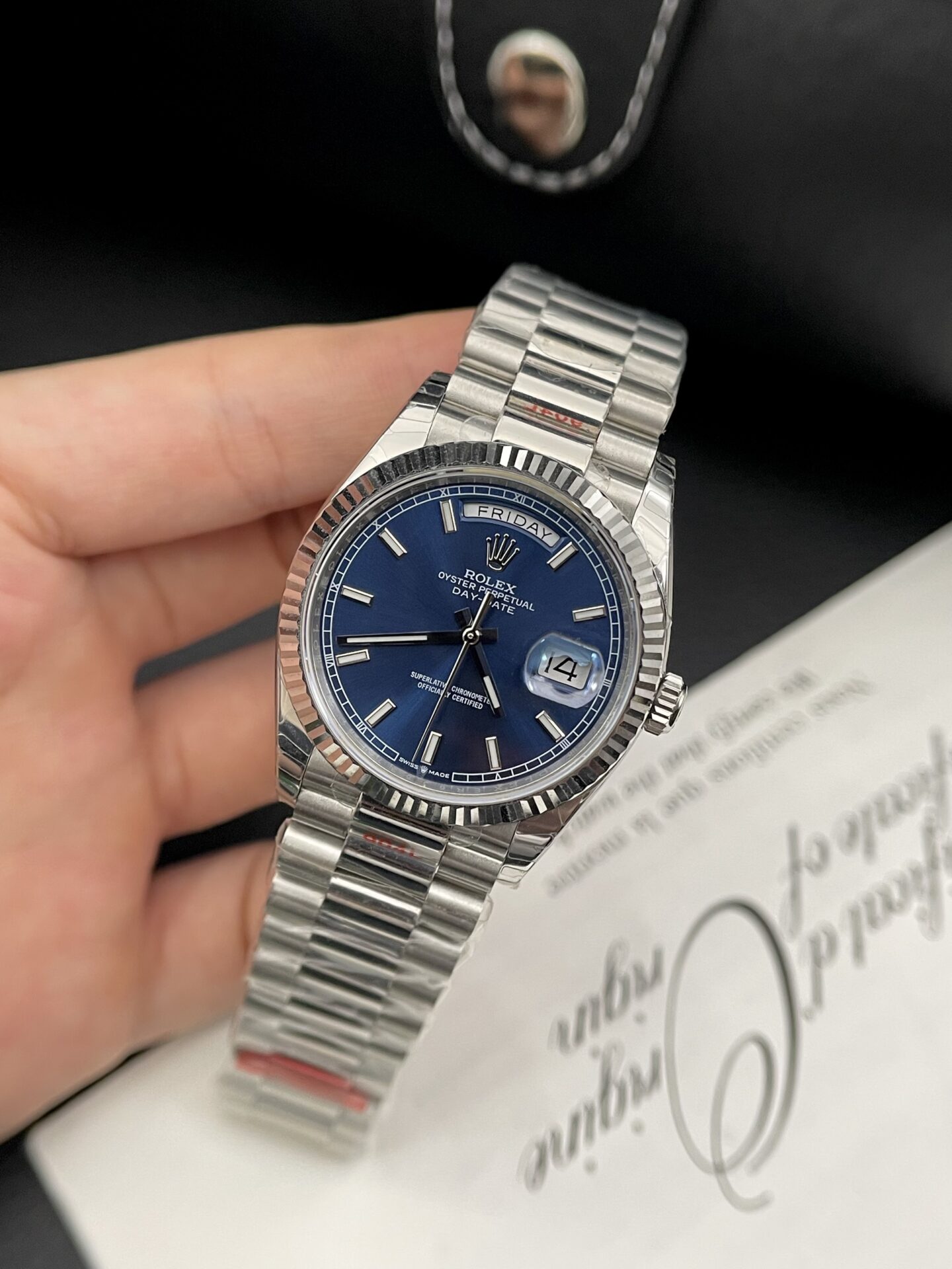 Rolex Day-Date High Quality Replica Blue Dial Metal Strap EW Factory 40mm - Elite Watch Atelier