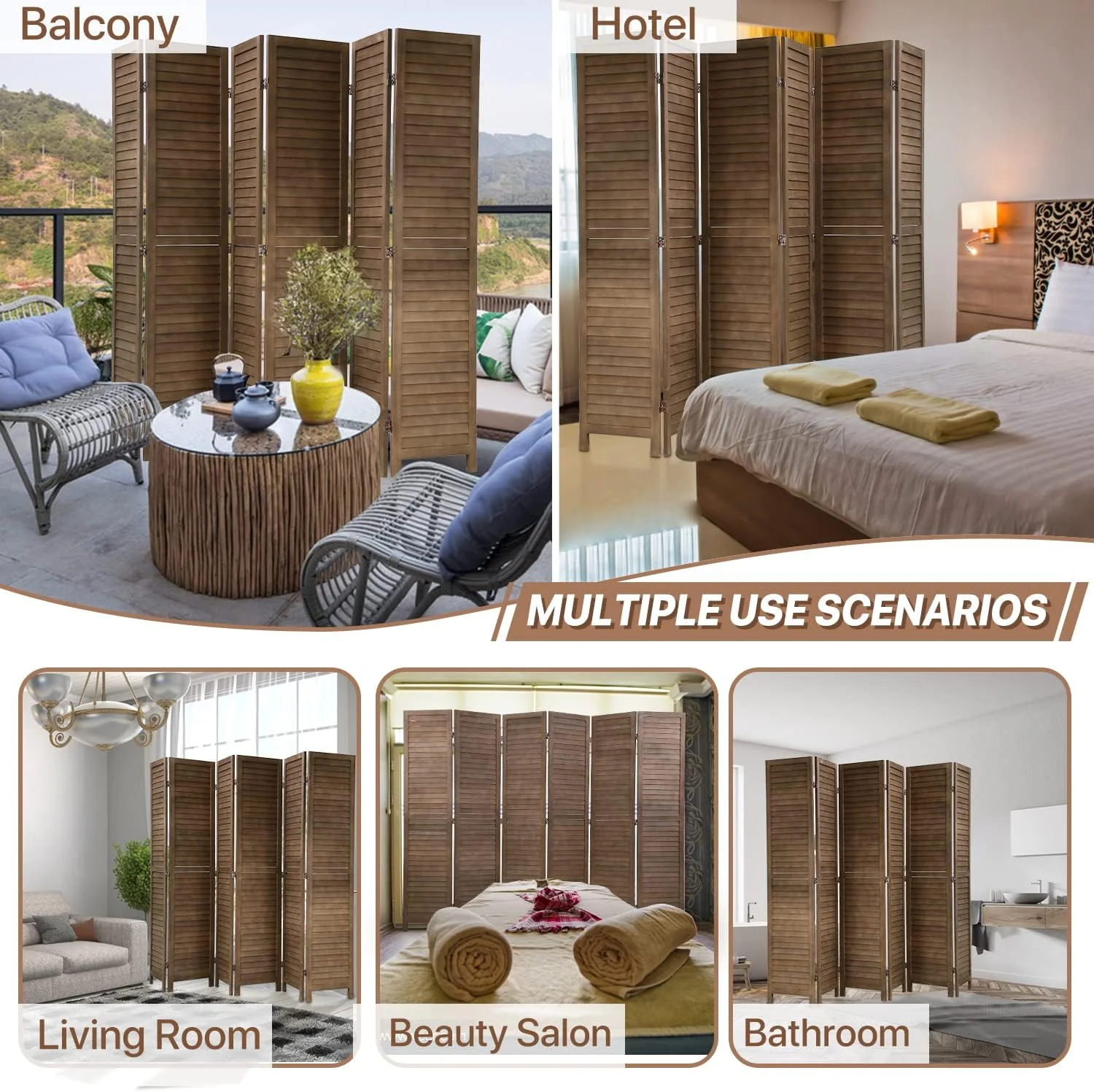 Dkelincs 6 Panel Wood Room Divider Folding Privacy Screen 5.75 Ft Freestanding Partition Wall Divider, Brown
