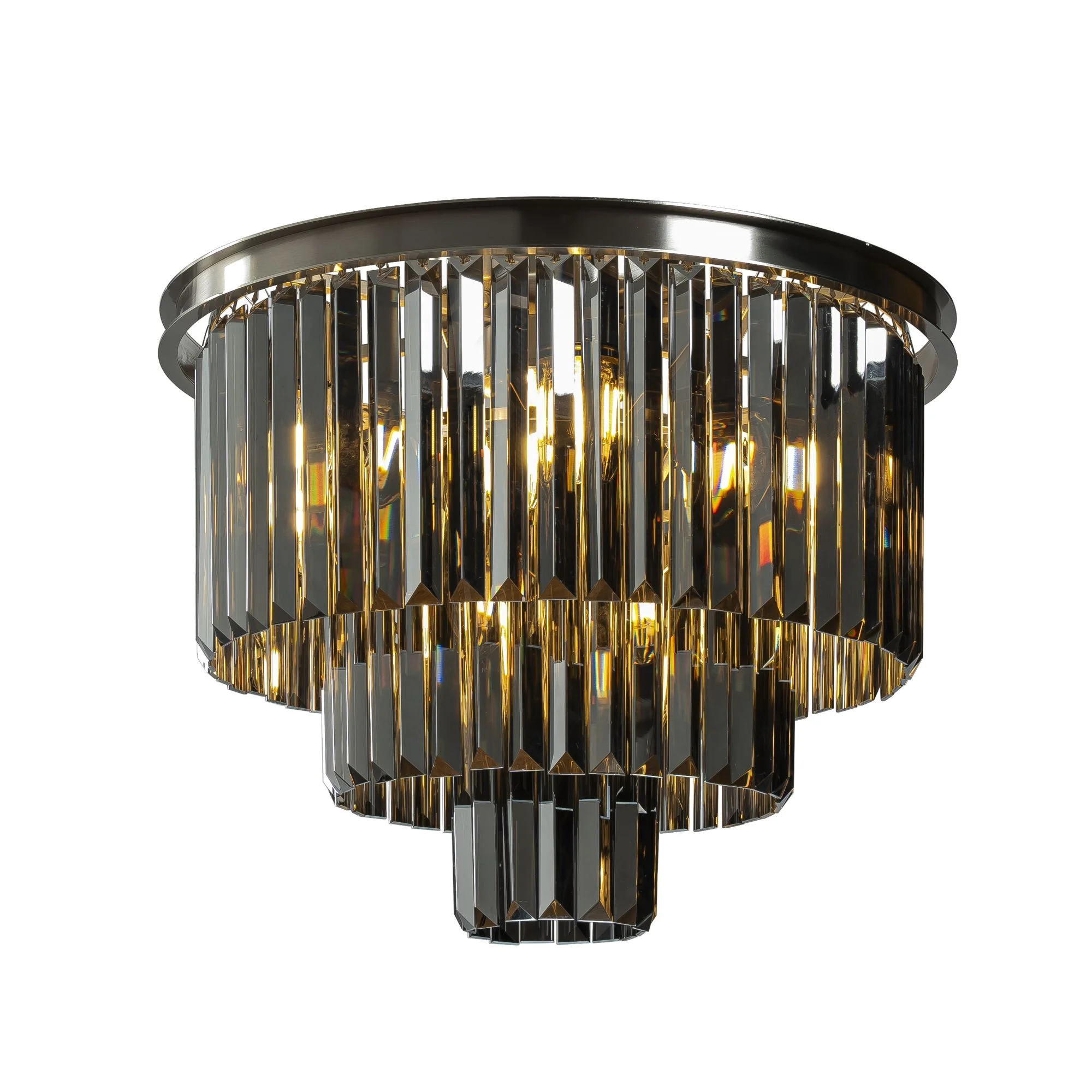 10-Light W20 in Modern Round Fringe Crystal Flush Mount Ceiling Lighting in Polished Nickel with Tiered Smoke Crystal