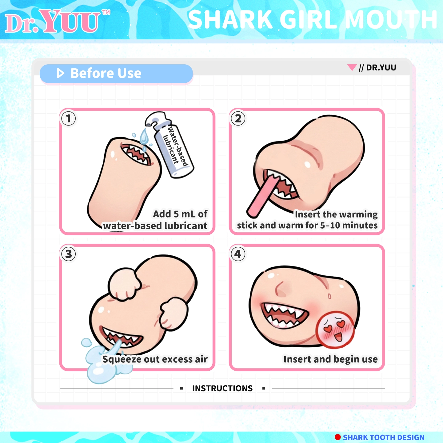 Dr.YUU shark mouth oral masturbator cleaning guide showing canal washing drying and daily care steps