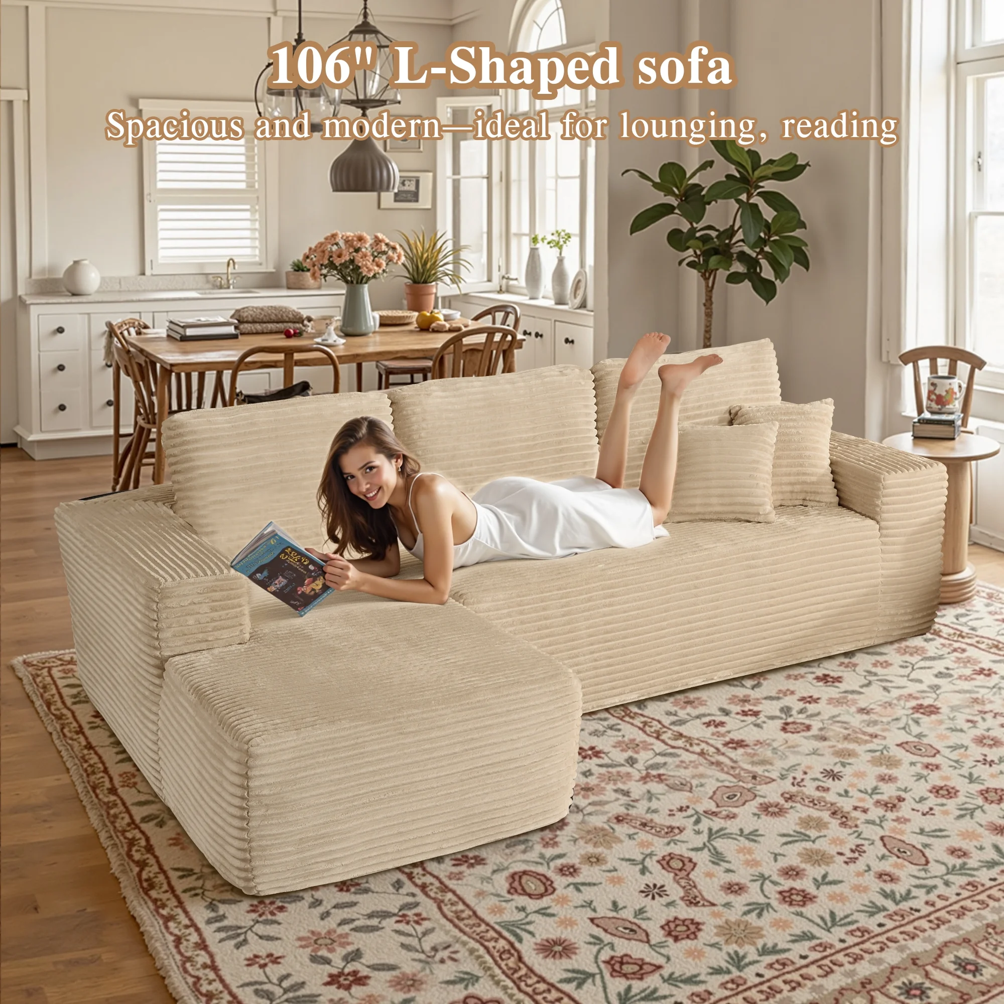 Ovios 106" L-Shaped Sectional Sofa Modern Modular Cloud Couch with Deep Seating Upholstered Sofa for Living Room Bedroom, No Assembly Required, Black(Corduroy) - Image 27