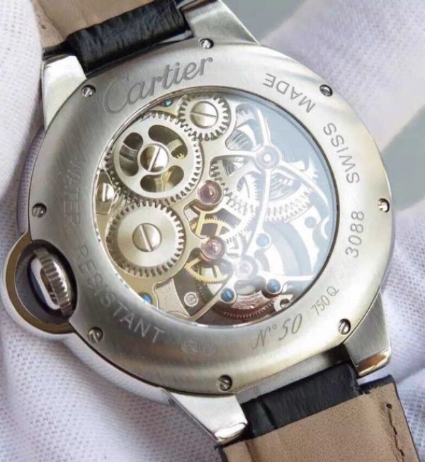 Replica Cartier Ballon Bleu Skeleton Tourbillon Black Dial Black Leather Strap - Top club