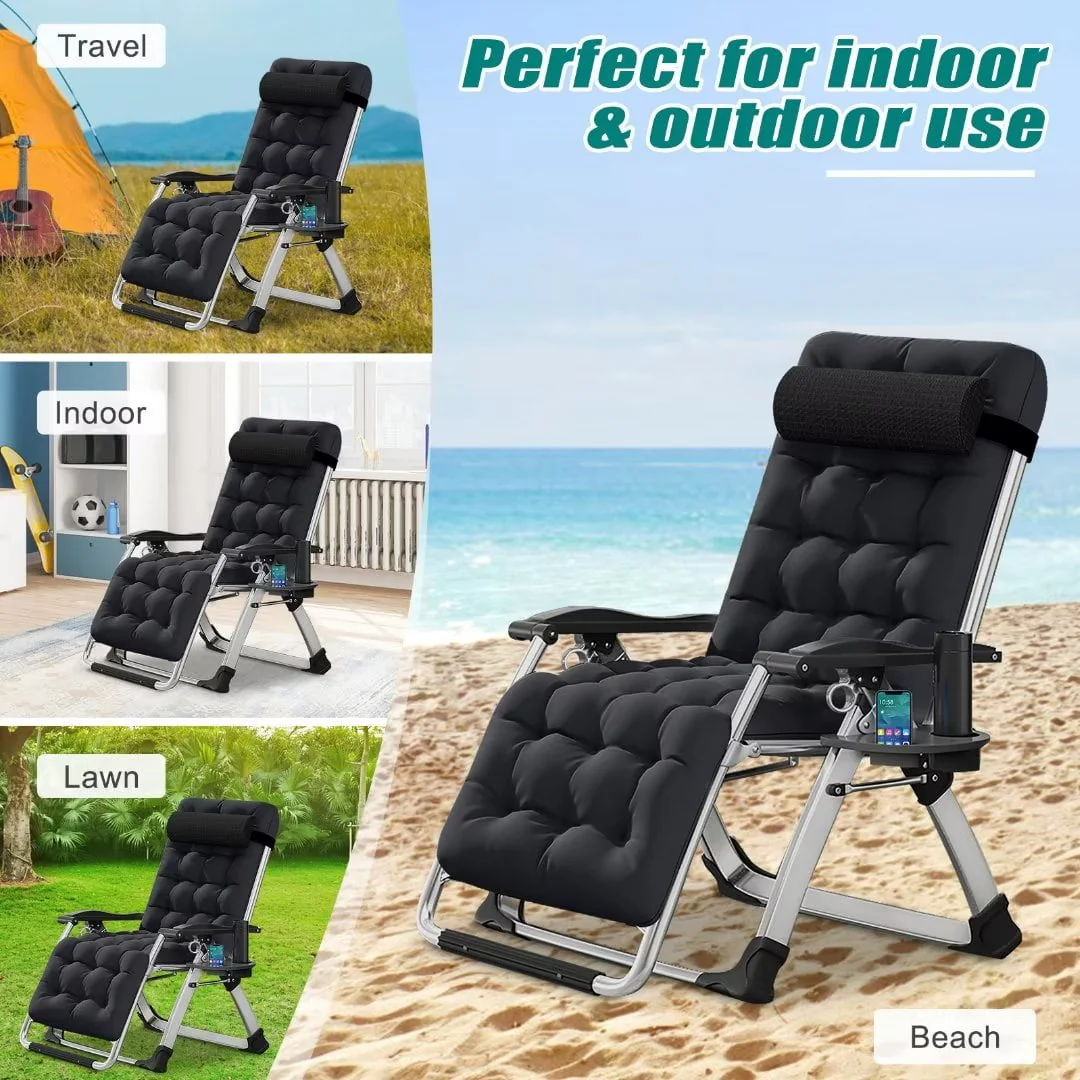 Docred Zero Gravity Chair , Lawn Recliner Folding Chaise Lounge with Removeable Pad Soft Cushion, Headrest and Cup Holder, Camping chairs Patio Fold Lounger Chair - Image 2