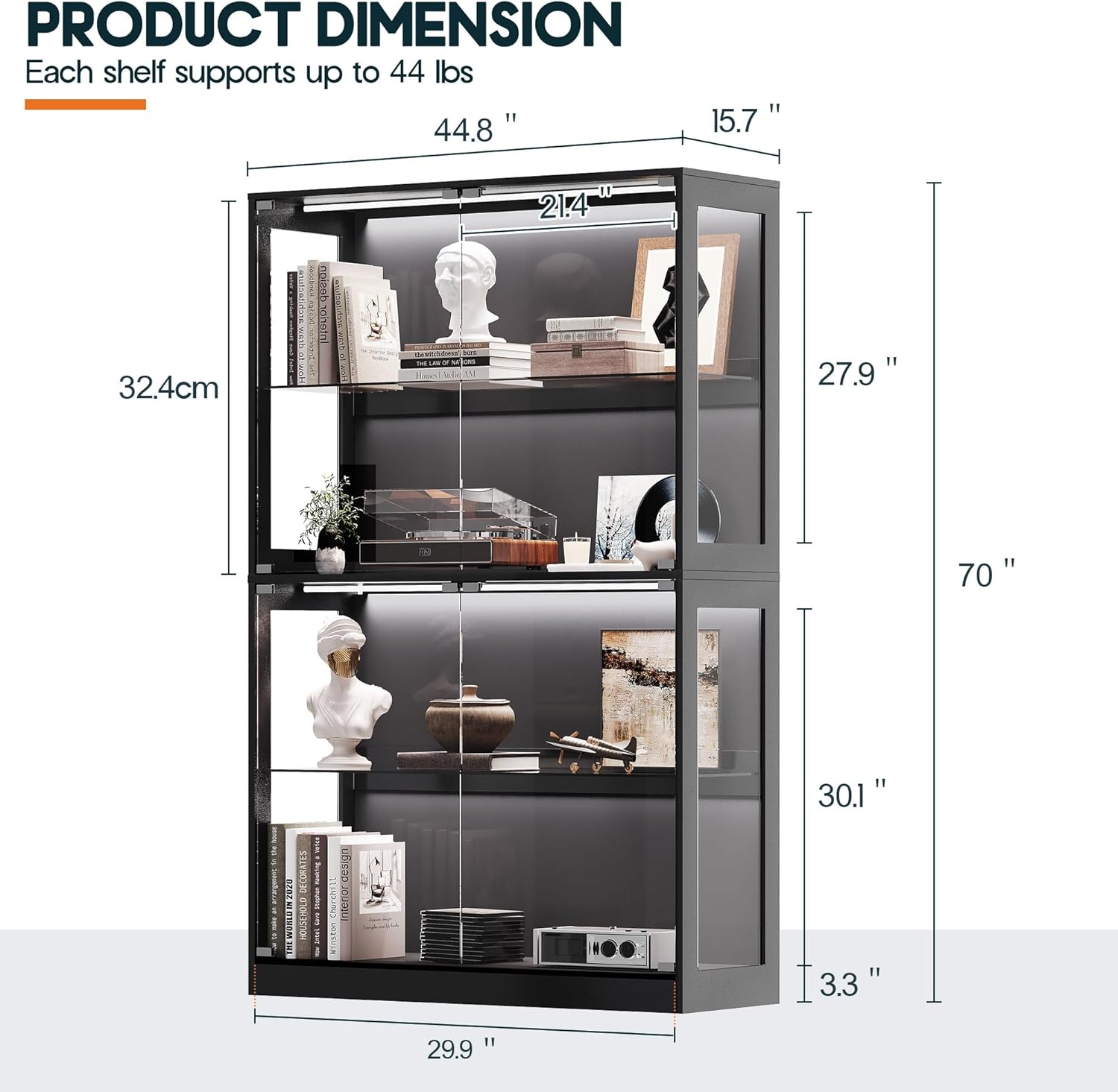 AMERLIFE RGB Display Cabinet with Adjustable Glass Shelves, 4-Tier Storage Case with LED Lights & Press-to-Open Doors, Modern Display Shelf for Collectibles, Black 70