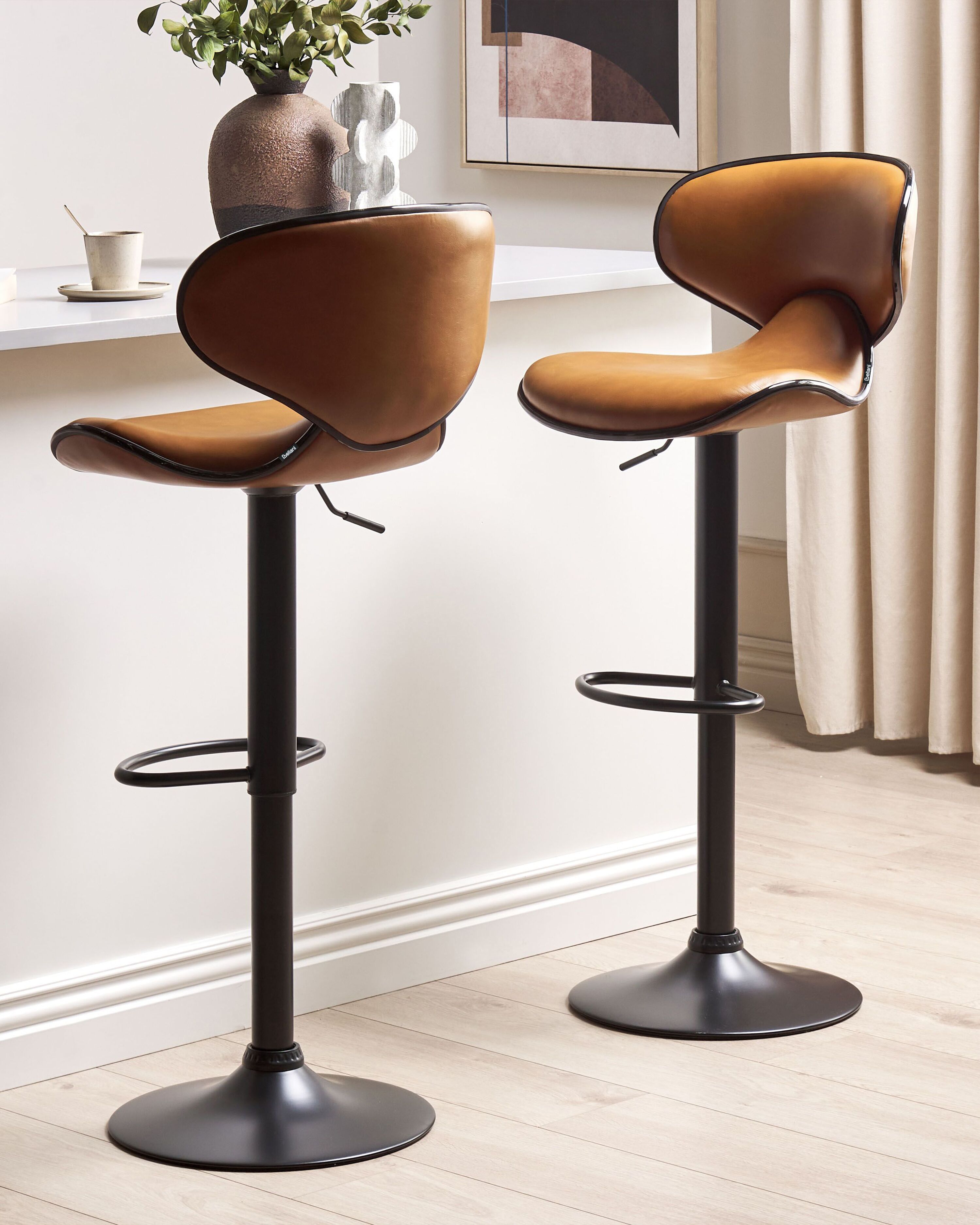 Set of 2 Bar Chairs CONWAY Faux Leather Swivel Golden Brown
