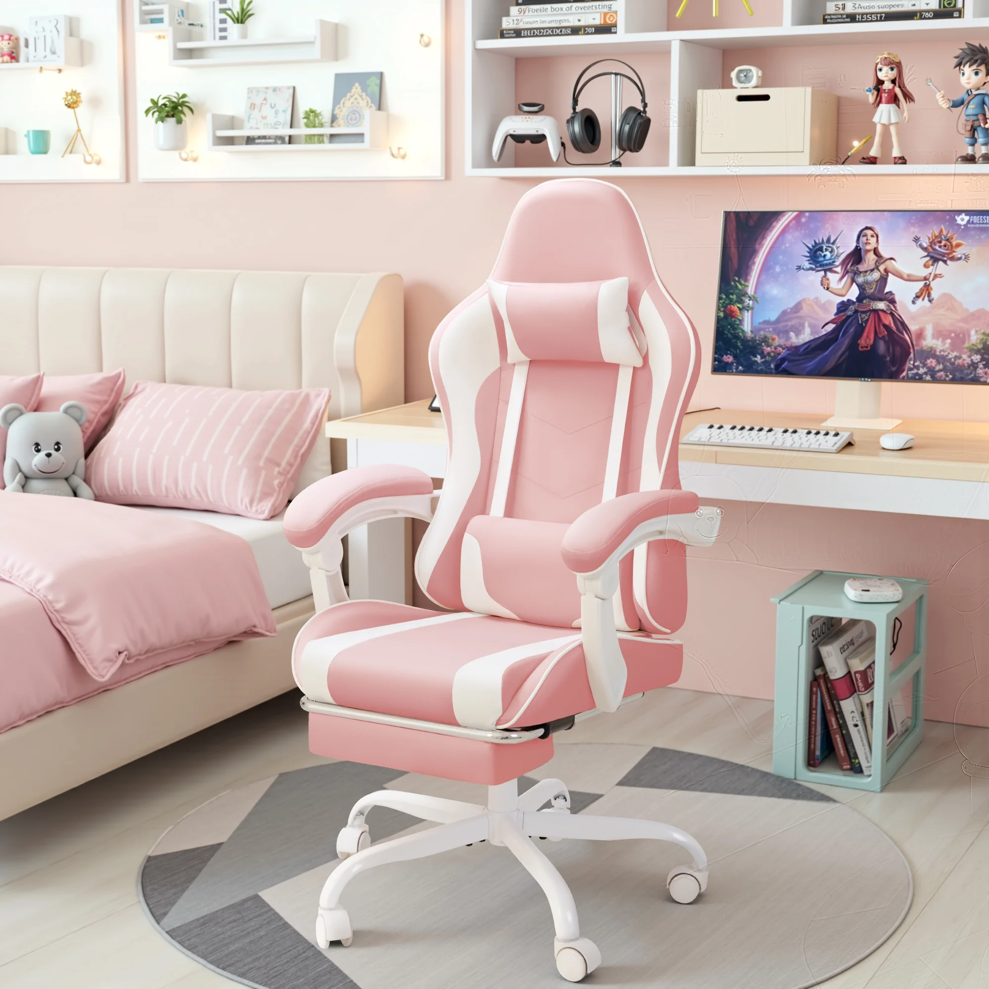 Lacoo PU Leather Gaming Chair Massage Ergonomic Gamer Chair Height Adjustable Computer Chair with Footrest & Lumbar Support, White - Image 50