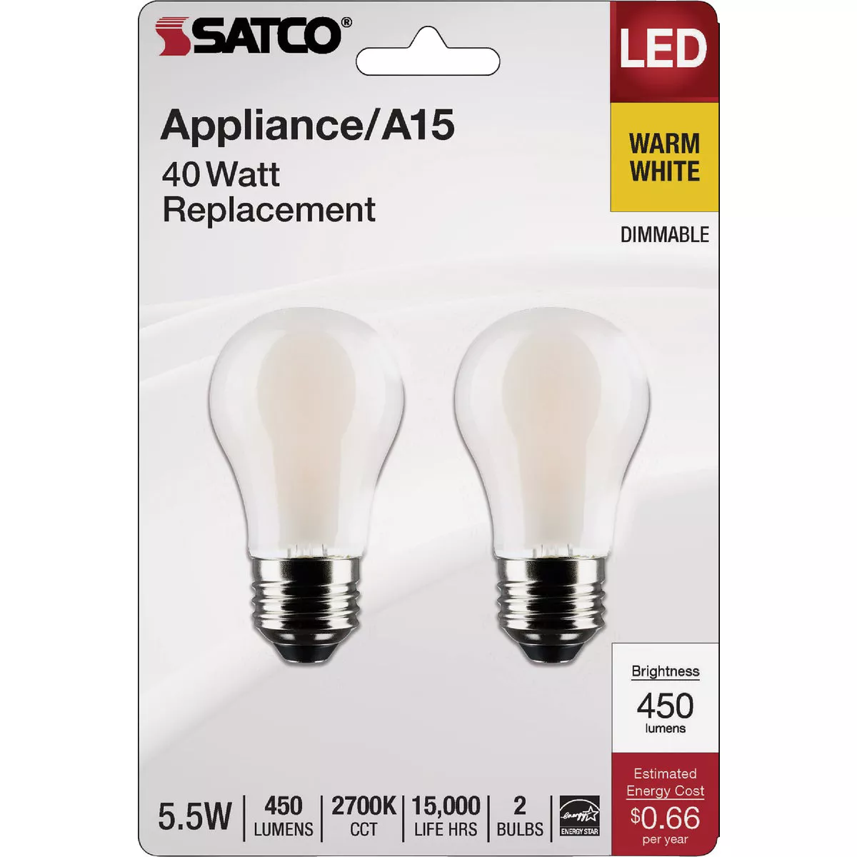 Satco 40W Equivalent Warm White Appliance A15 Medium Dimmable Traditional LED Light Bulb (2-Pack)