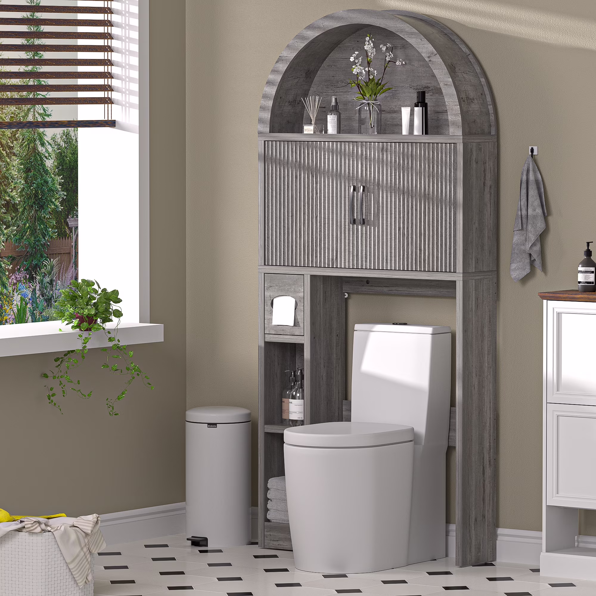 HARIPUL Over The Toilet Storage Cabinet w/ Unique Wood Grain & Arc Design, Freestanding Bathroom Shelf Organizer Space Saver w/ Doors & Anti-Tip Device, Wood Color - Image 13
