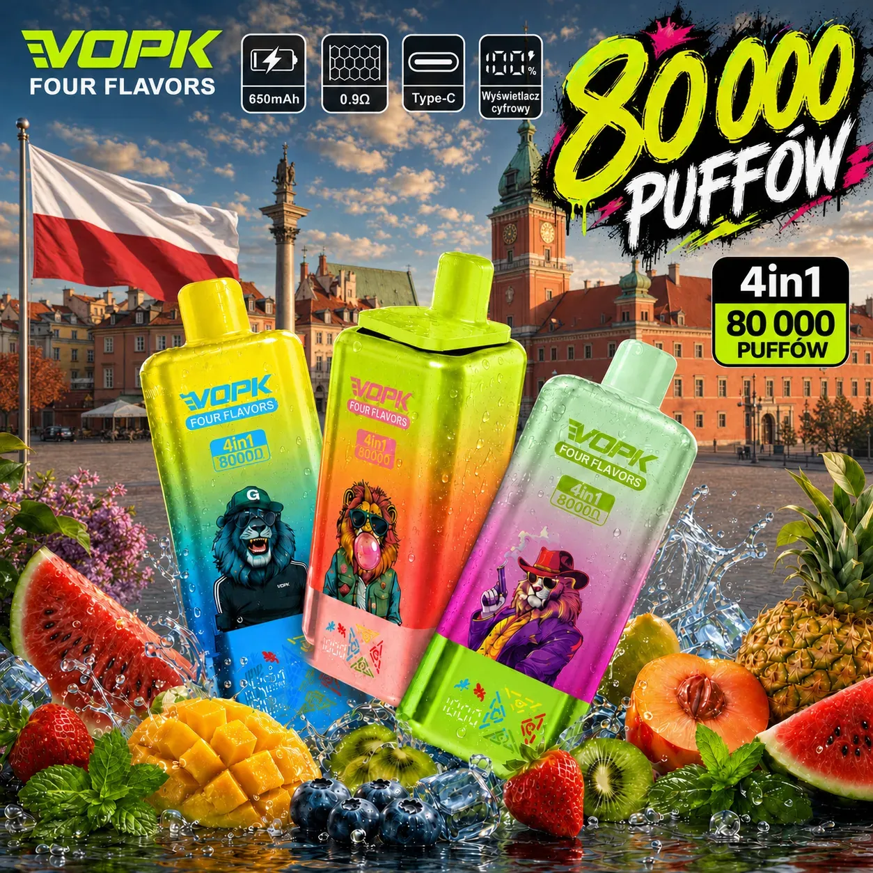 VOPK 80 000 puffów 4w1 – 4 smaki w jednym urządzeniu, wyświetlacz cyfrowy; 650 mAh, 0,9 Ω, Type-C