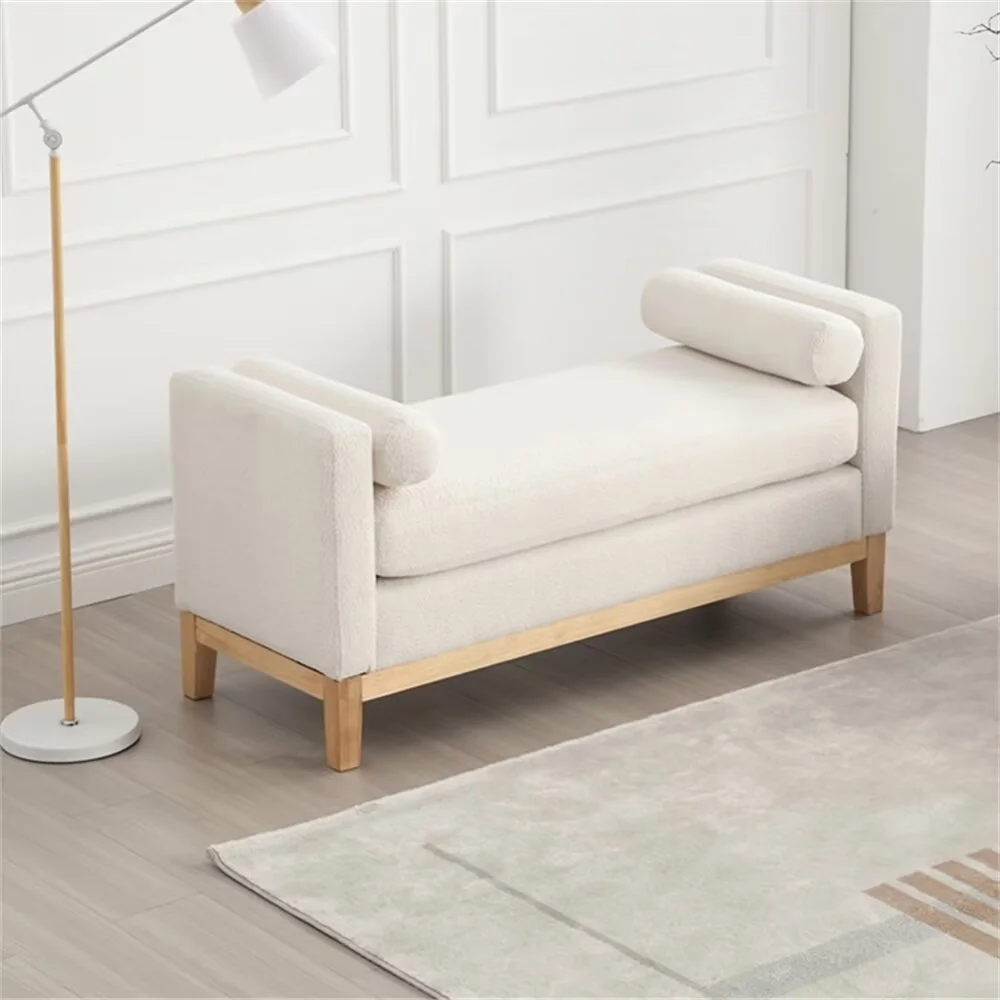 End of Bed Bench, 53.5" Boucle Fabric Upholstered Entryway Bench with Wood Legs & Bolster Pillows, Rolled Arm Cushioned Ottoman Foot Rest Long Stool Window Extra Seating for Bedroom, Ivory - Image 4