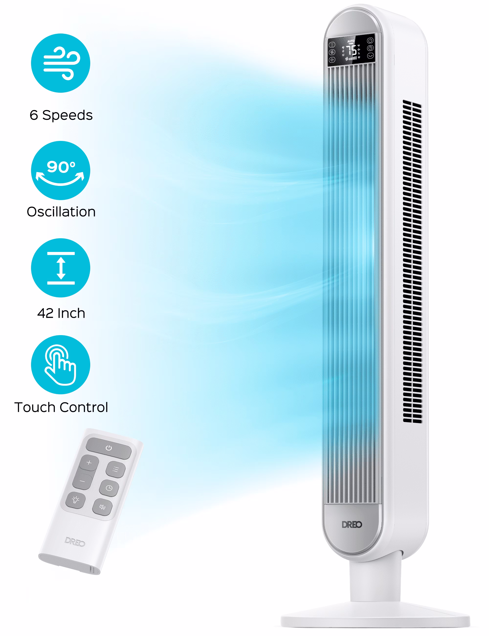 Dreo Tower Fan for Home, 42" Standing Fan with Remote, 90�� Oscillating Fan for Indoors, 34dB Quiet Bedroom Fans, 6 Speeds, 4 Modes, 12H Timer, Bladeless Fan with LED Display, 26 ft/s High Velocity - Image 3