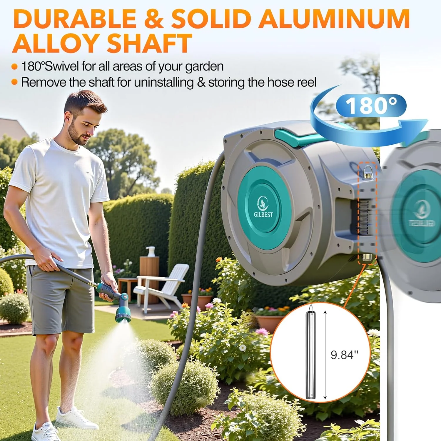 GILBEST Retractable Garden Hose Reel, 100 ft x 5/8 in, Green, 10-Function Nozzle - Image 4 GILBEST Retractable Garden Hose Reel, 100 ft x 5/8 in, Green, 10-Function Nozzle - Image 4