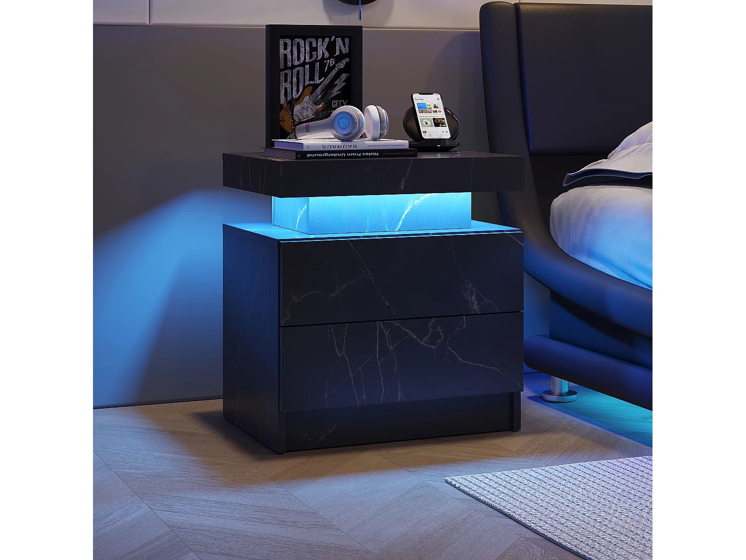 Table de chevet à 2 tiroirs - Table de chevet avec éclairage LED - noir - pour la chambre